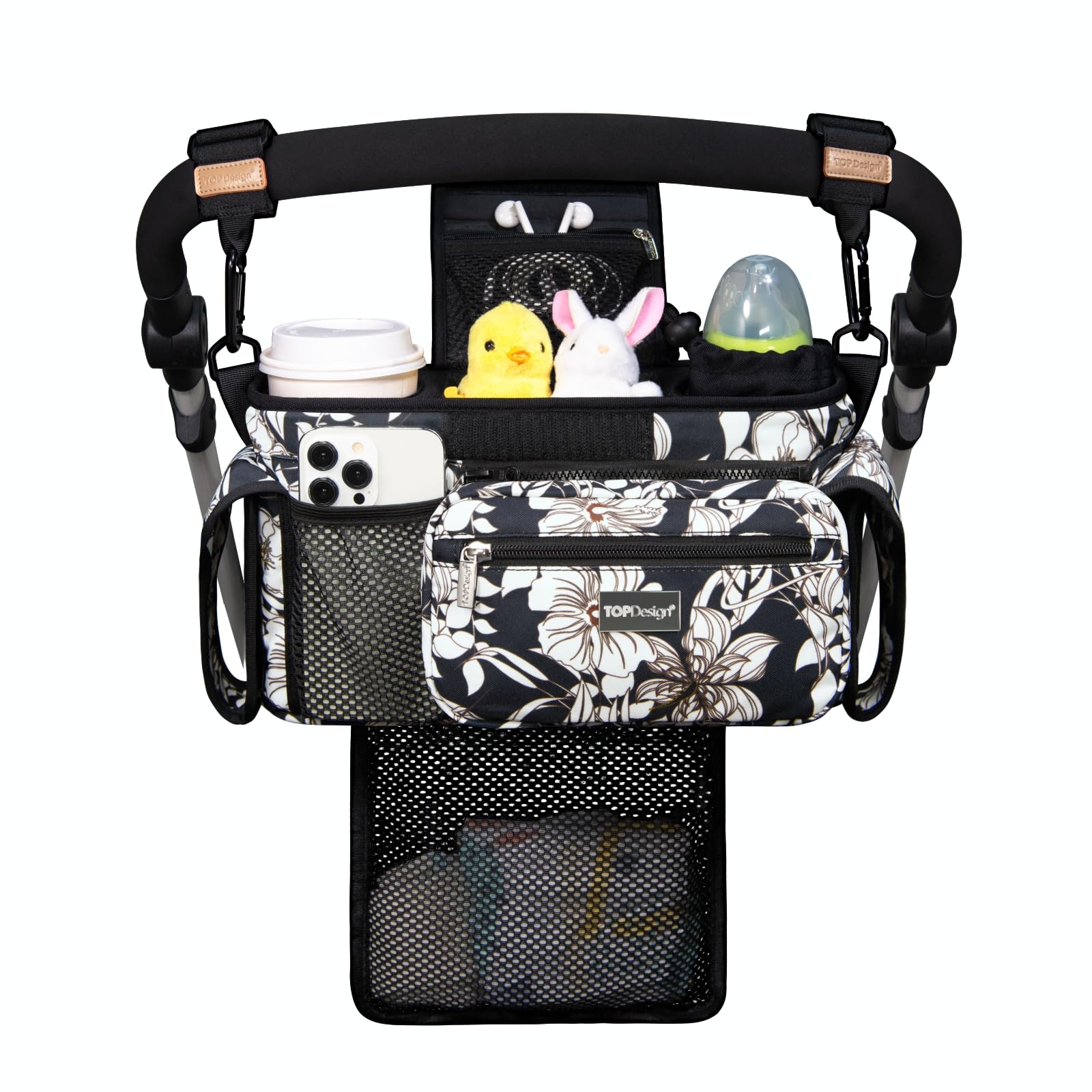 TOPDesign Universal Baby Stroller Organizer, Stroller Caddy with Detachable Mesh Bag & Heightened Insulated Cup Holders & Non-Slip Secure Hooks