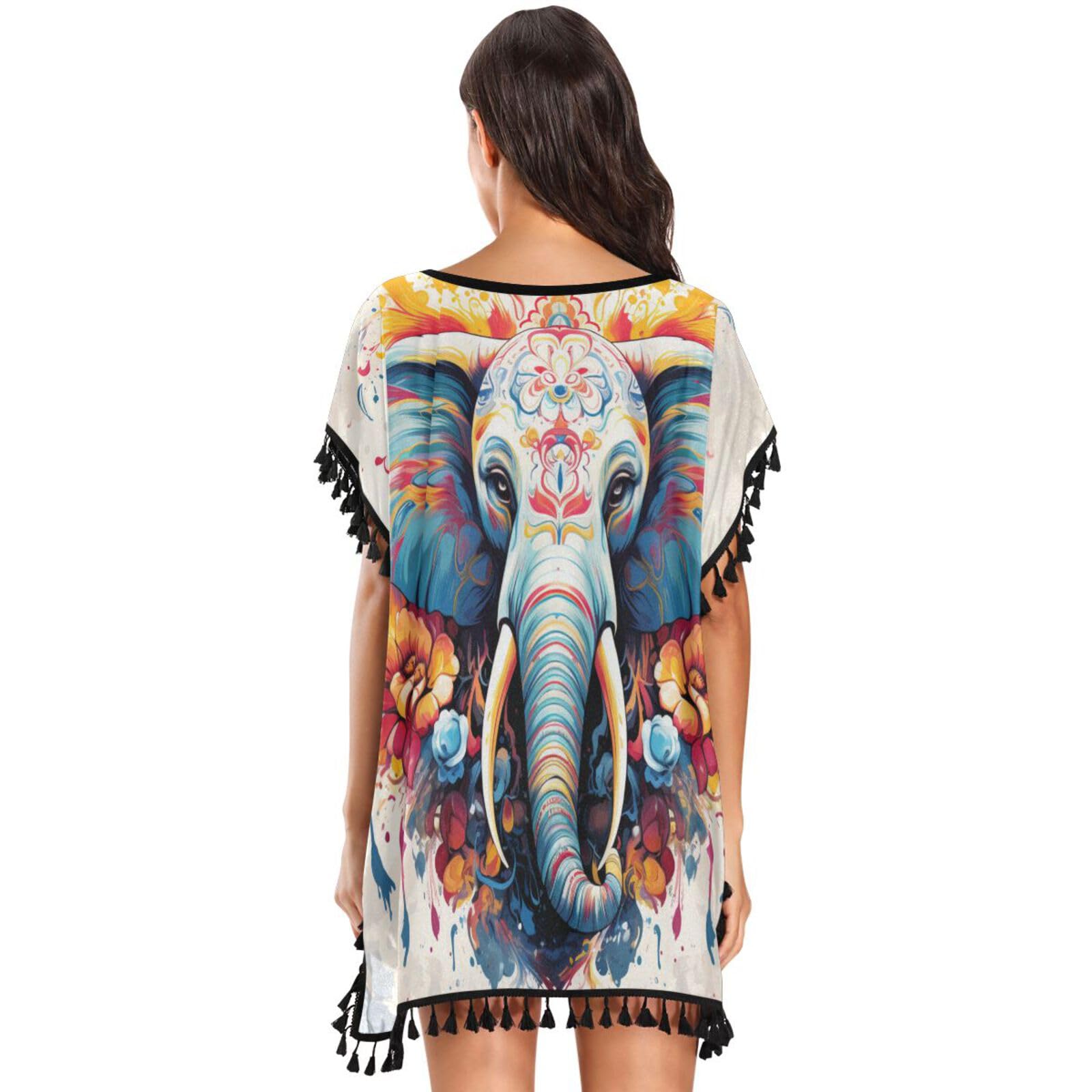 Cool Elephant Pattern Art Women's Beach Cover Up Chiffon Tassel Swimwear Swimsuit Coverups for Girl