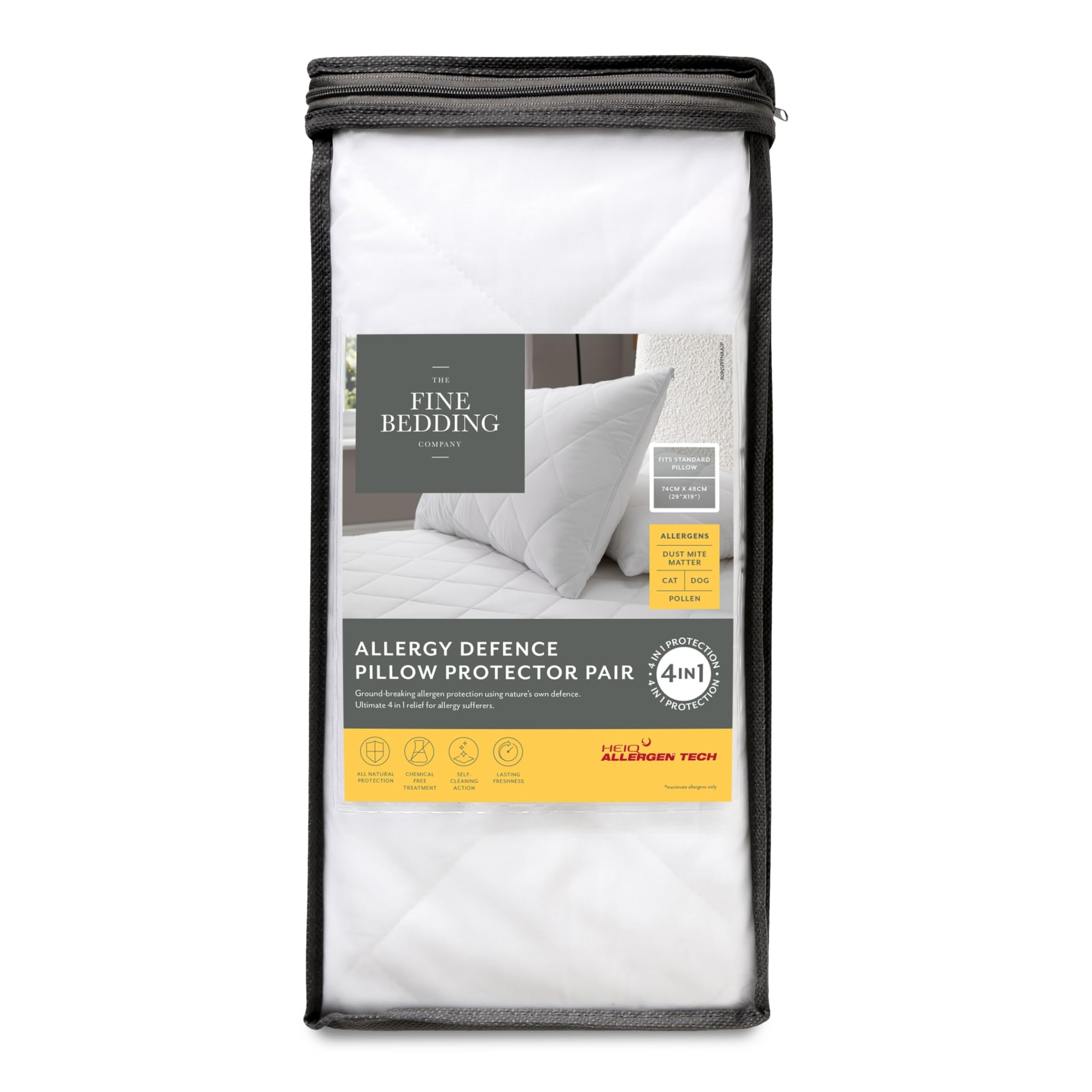 The Fine Bedding Company White - Allergy Defence Pillow Protector - Anti Allergy Protection - Cat/Dog Dander, Pollen, Dust Mites. Heiq Allergen Tech - Machine Washable - Hypoallergenic