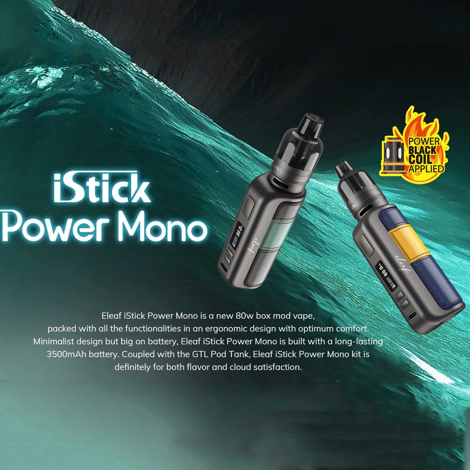 Eleaf iStick Power Mono Sigaretta Elettronica 80W per Svapo di Guancia e RDL - Kit Batteria Integrata 3500mAh, Pod Tank 4,5ml, Coil 0.4Ω e 0.8Ω - (Senza Sticks, E-liquids o Ricariche) (Black)