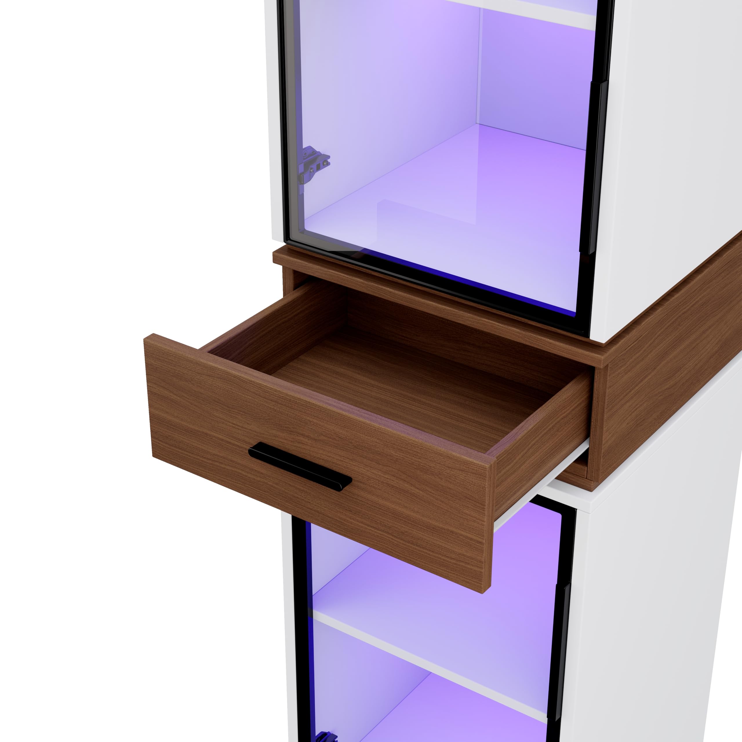 Vitrina Expositora de Cristal con Iluminación LED y 1 Cajón, Vitrina Salon con 2 Puertas de Cristal, Vitrinas Expositoras para Estudio Salón y Comedor, Muebles de Salon, 40x40x200 cm, Blanco