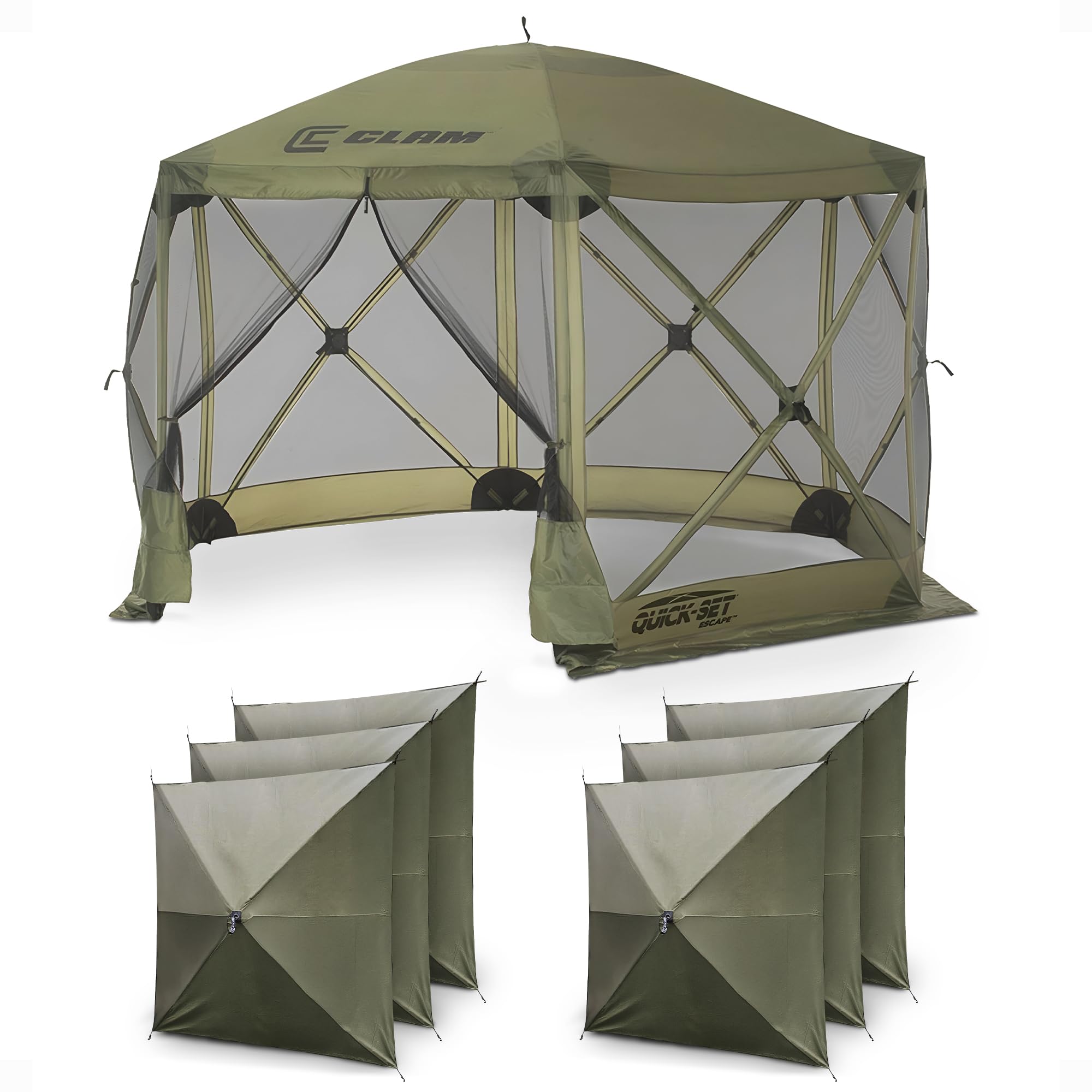 CLAM Quick-Set Escape 11.5 x 11.5 Ft Portable Pop-Up Outdoor Camping Screen Tent 6-Sided Canopy Shelter w/ Carry Bag & 6 Sun and Wind Panels, Green