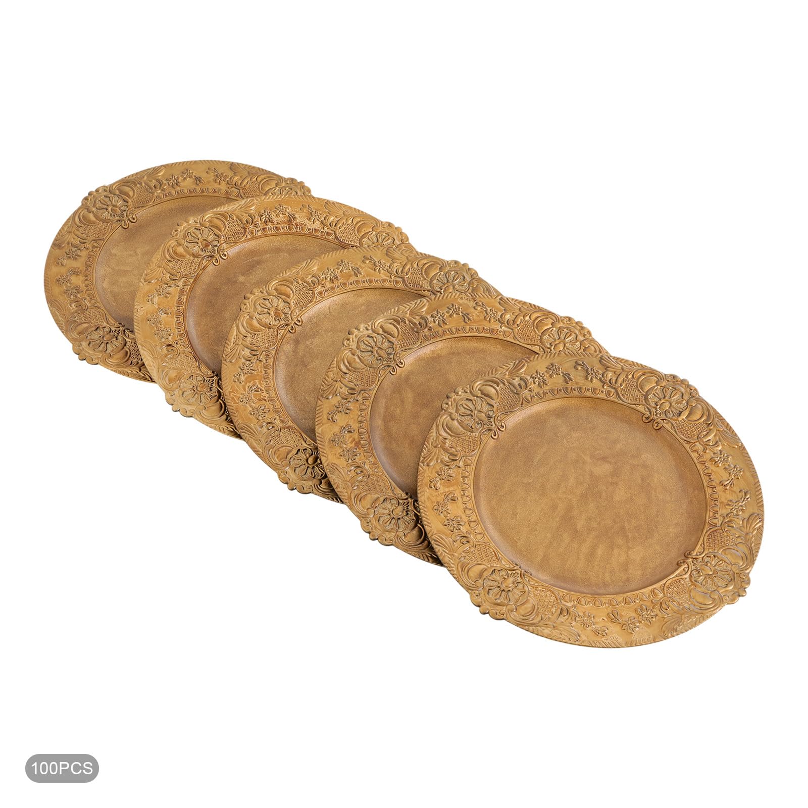 100 sztuk złotych talerzy do ładowarek, talerze z tworzywa sztucznego, dekoracyjne ładowarki, talerze wielokrotnego użytku, na stół, kolację, imprezę, dekoracja 33 cm