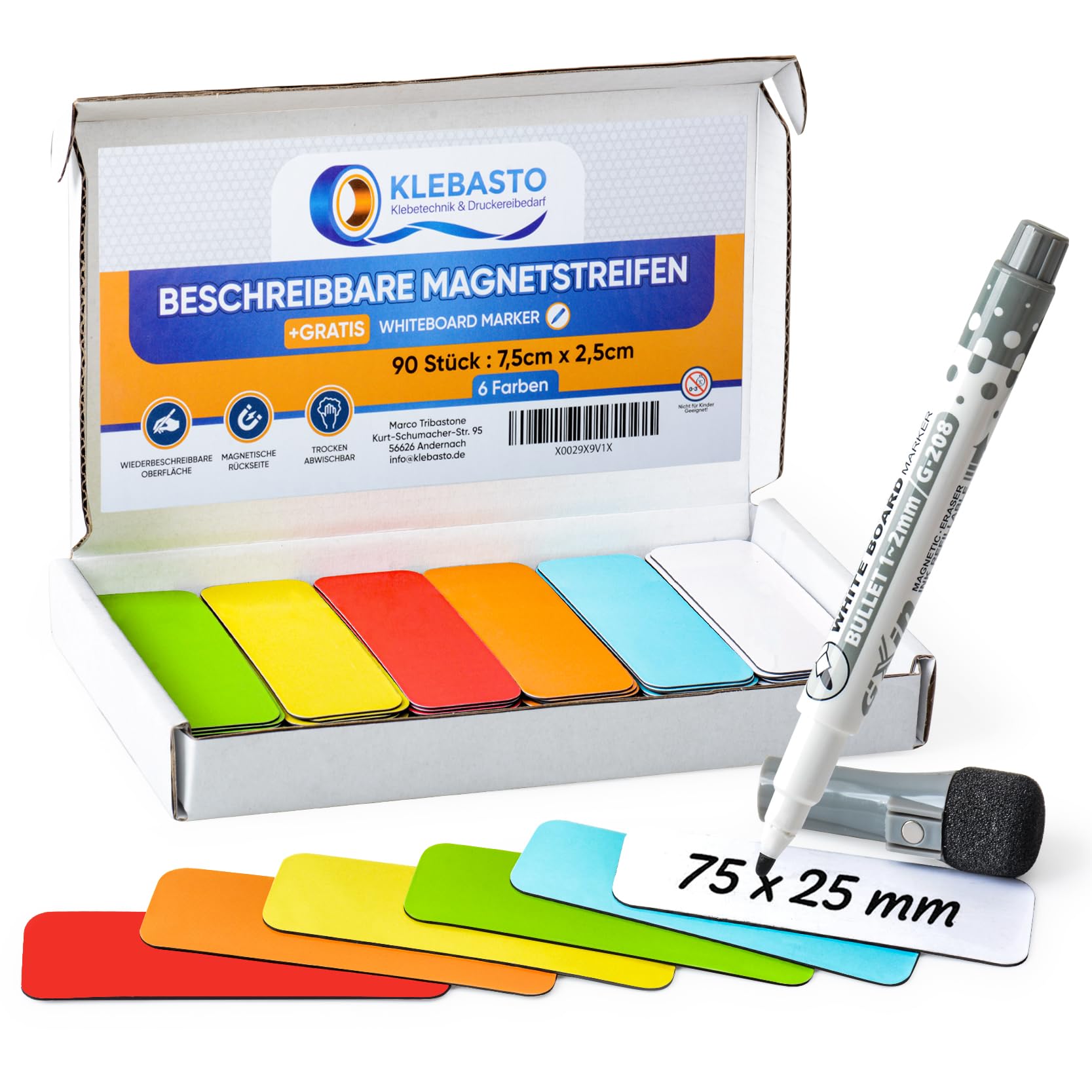 Klebasto Mix (6 Colours) Magnetic Strips Writeable | Magnetic Signs For Writing On | Writeable Magnets For Whiteboard, Fridge, Magnetic Board, Kanban (, 75 Mm X 25 Mm