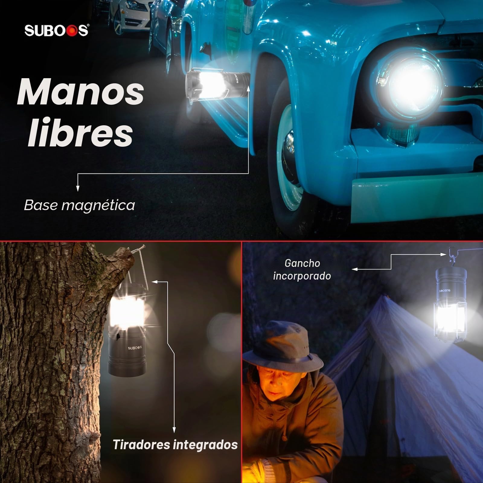 Faroles de camping recargables, lámpara solar y pilas, base magnética, gancho para tienda, accesorios de campamento portátiles para emergencias