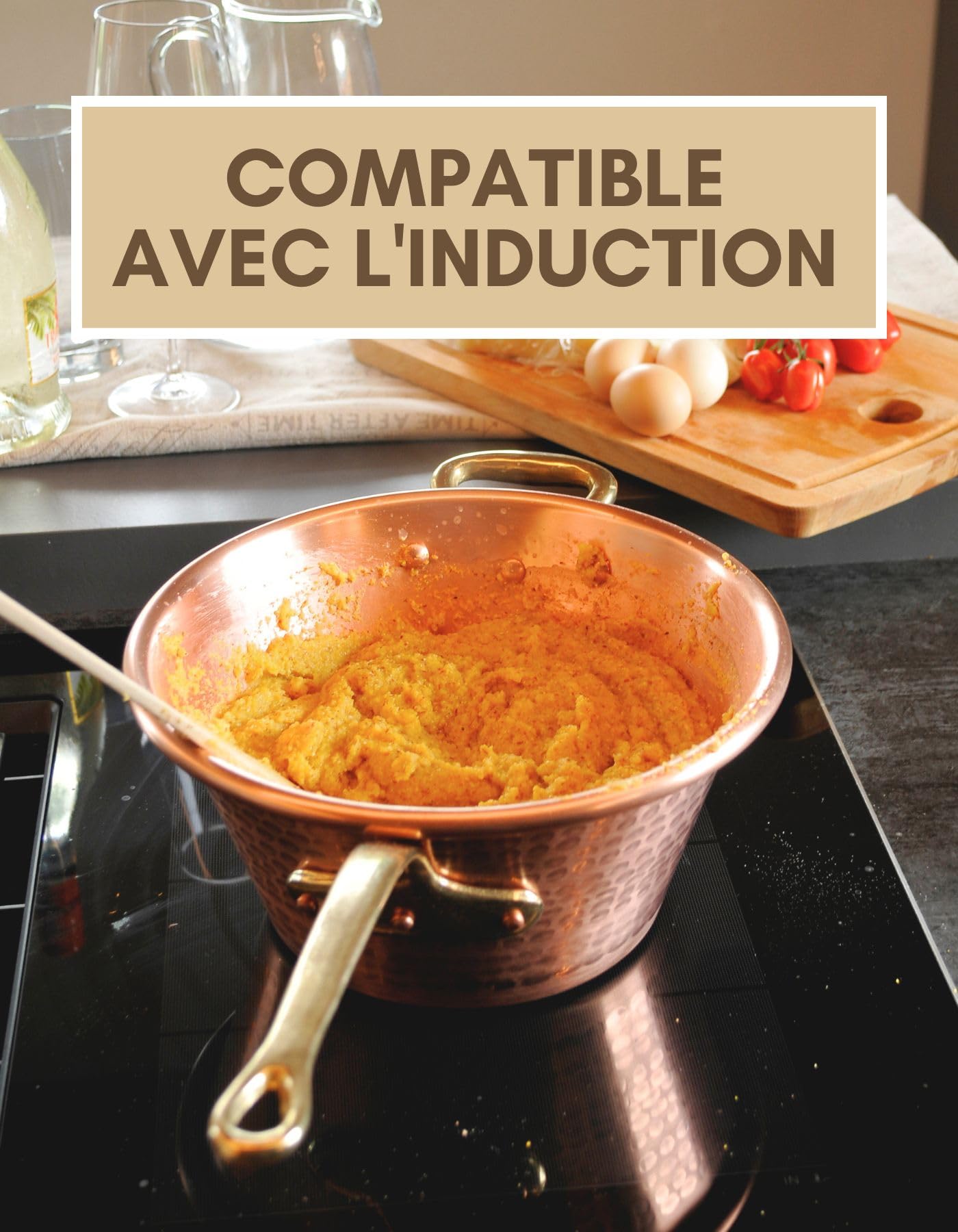 RAME PURO Chaudron Cuivre Induction pour Polenta 23 cm 2,5 L – Casserole cuivre martelé à la main avec poignée en laiton, 2/3 personnes, fond induction, pour confiture et fromage, Fabriqué en Italie