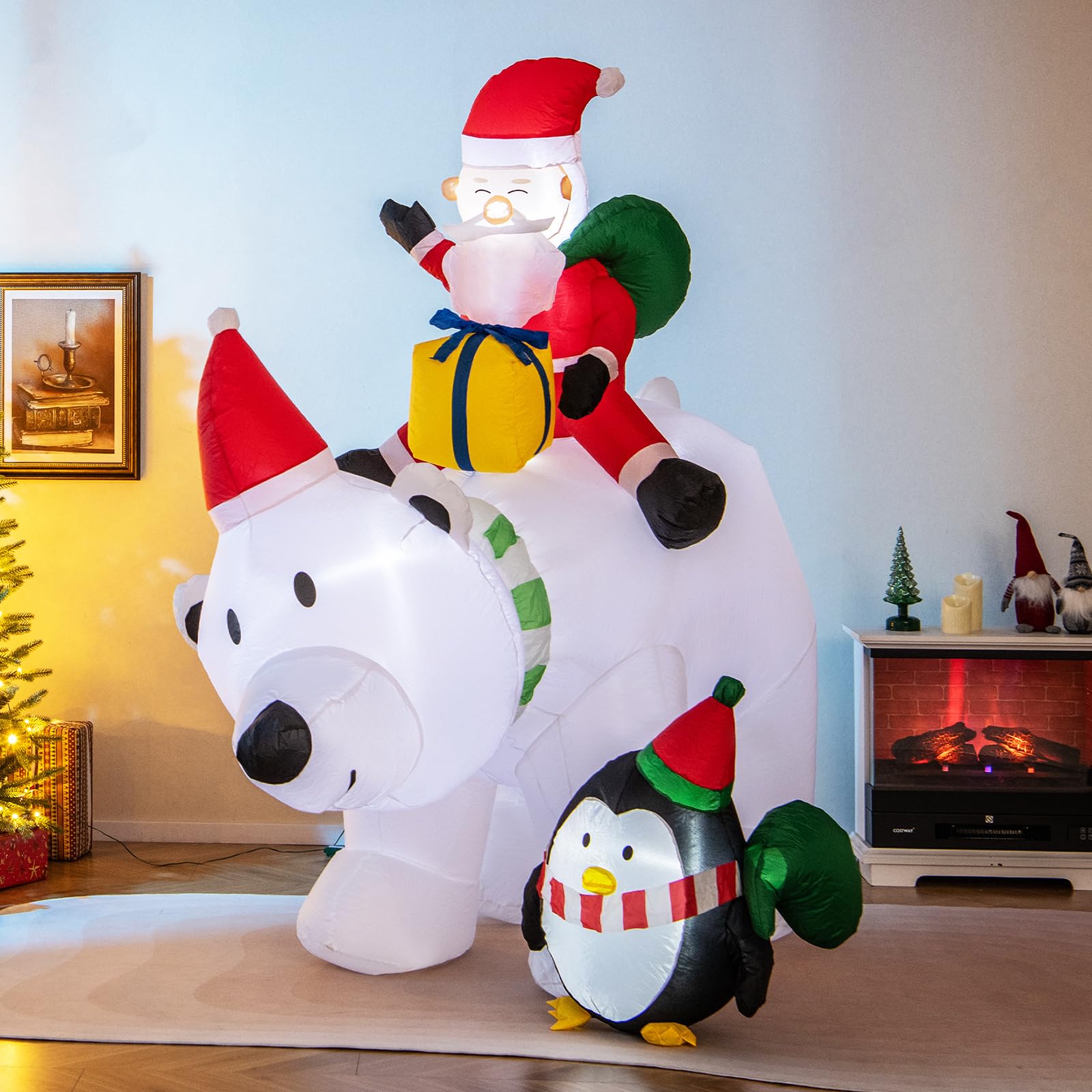 COSTWAY Decorazione Gonfiabile di Natale 210 CM, Babbo Natale Gonfiabile che Cavalca Orso Con Illuminata a LED, Funzione di Scuotimento della Testa, per Prato, Giardino e Cortile