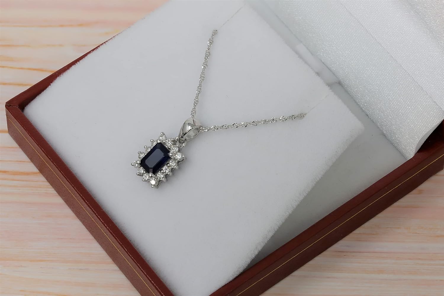 14K White Gold Genuine Sapphire Emerald Cut Diamond Pendant Necklace - Image 6