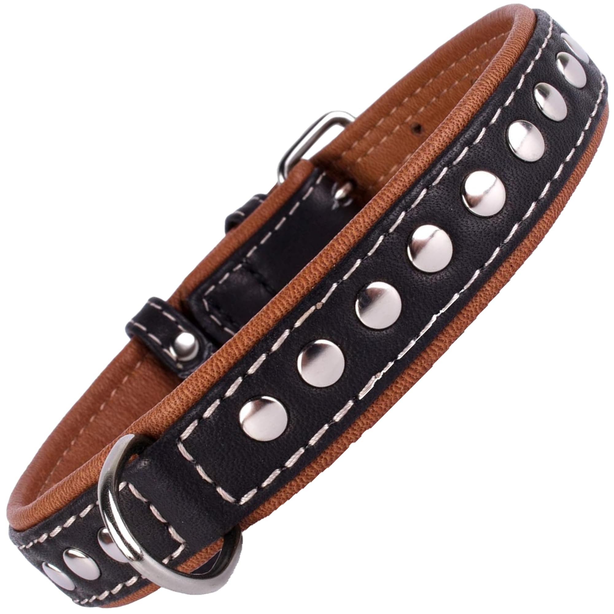 CollarDirect Studded Dog Collar Leather Pet Collars for Dogs Small Medium Large Puppy Soft Padded Brown Black (Black, Neck fit 23" - 26")