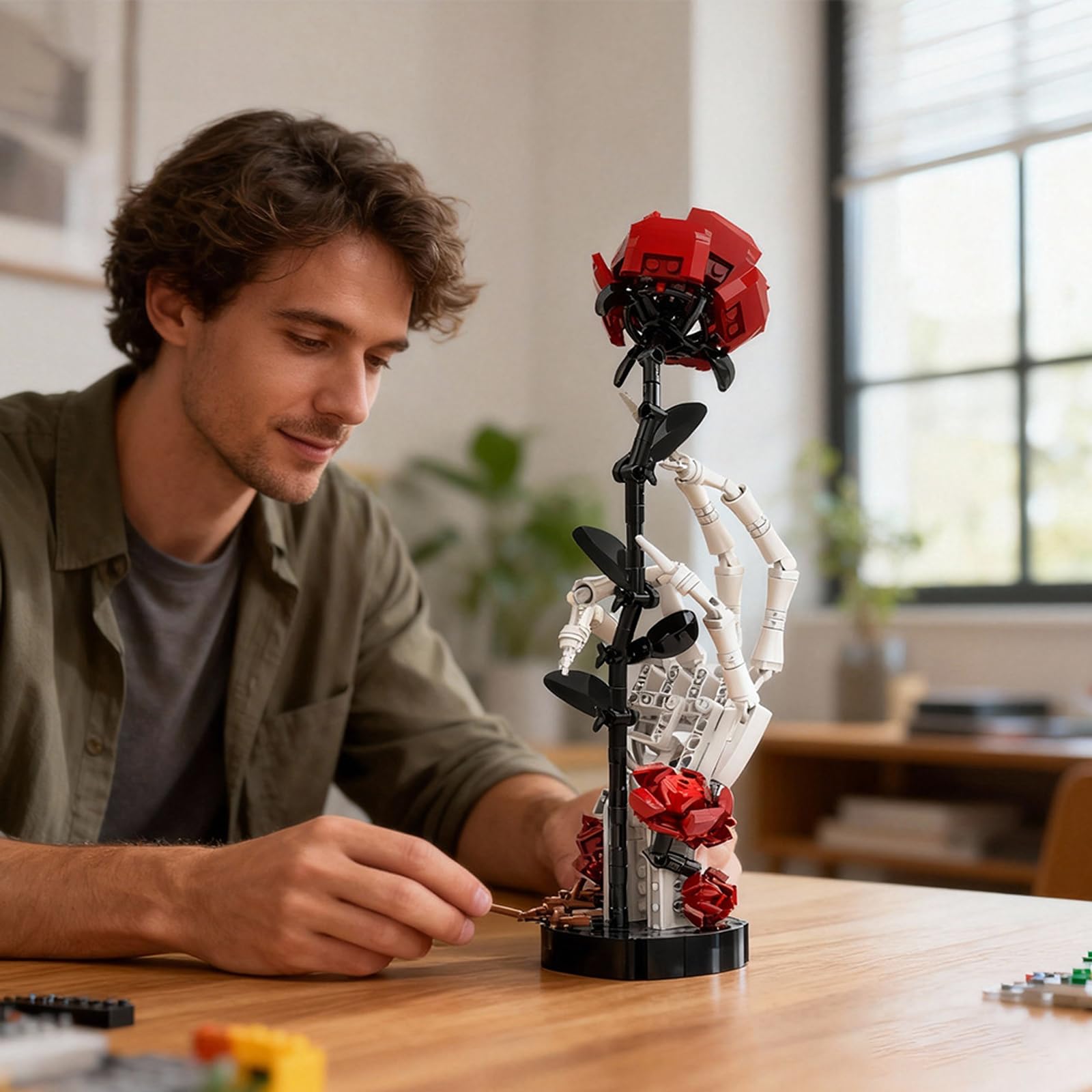 Bloques de construcción de mano góticos con forma de rosa y esqueleto para adultos, 357 piezas, MOC, modelo con rosa de hueso, decoración romántica oscura para la oficina en casa, idea de regalo única