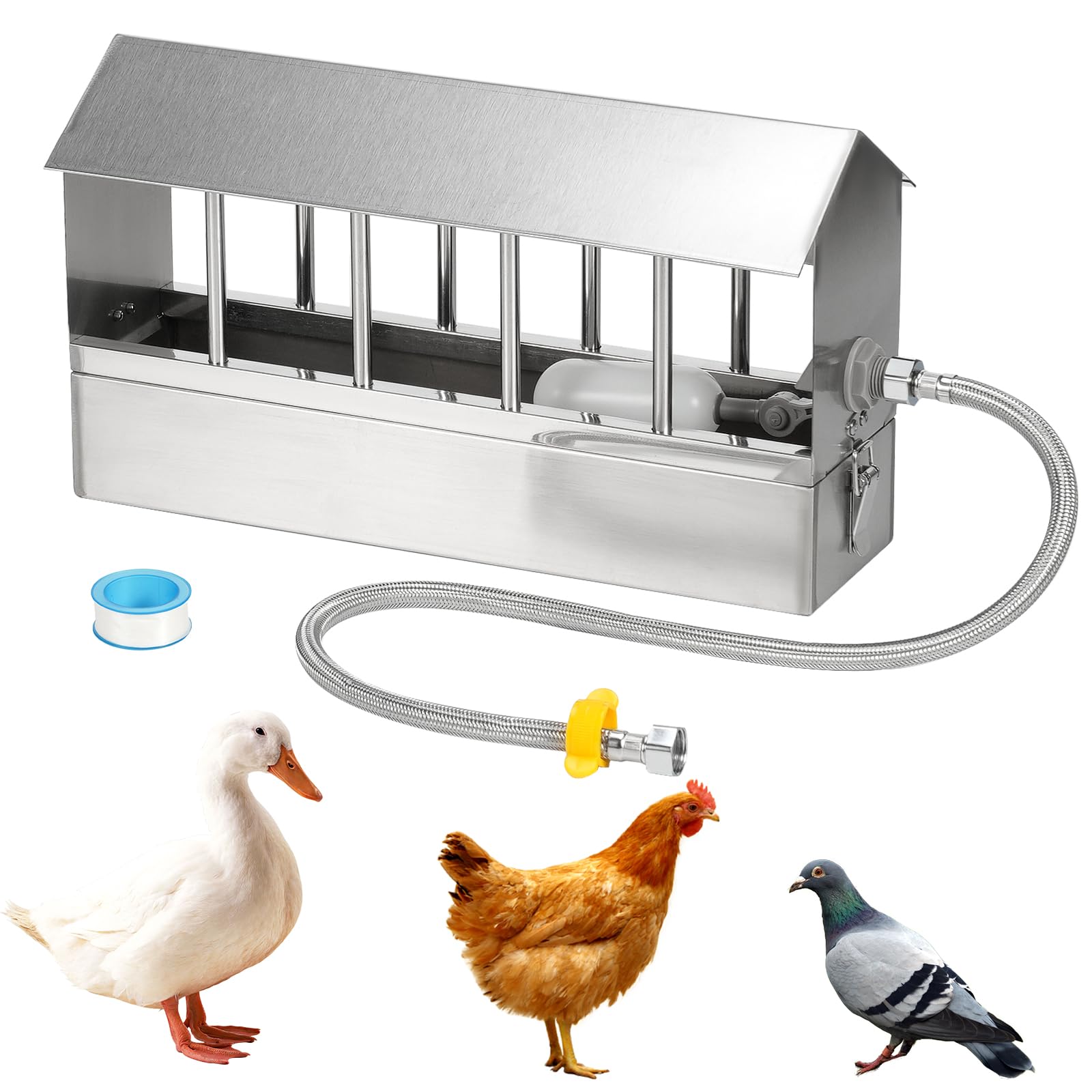 Abbeveratoio Automatico per Piccioni 2.6L Acciaio Inox Fontana di Abbeveratoio per Pollo con Valvola a Galleggiante Distributore D'Acqua per Pollame Uccelli Piccioni Polli