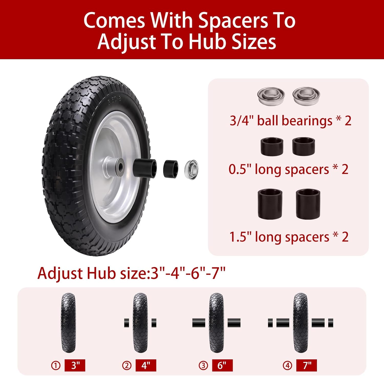14.5" Wheelbarrow Tire, 3.50-8" Flat-free Solid Tire and Wheel with 3" -7" Centered Hub and 5/8" & 3/4"Bearings for Wheelbarrow Trolley Dolly Lawn Mover Go Kart Replacement (2-Pack)