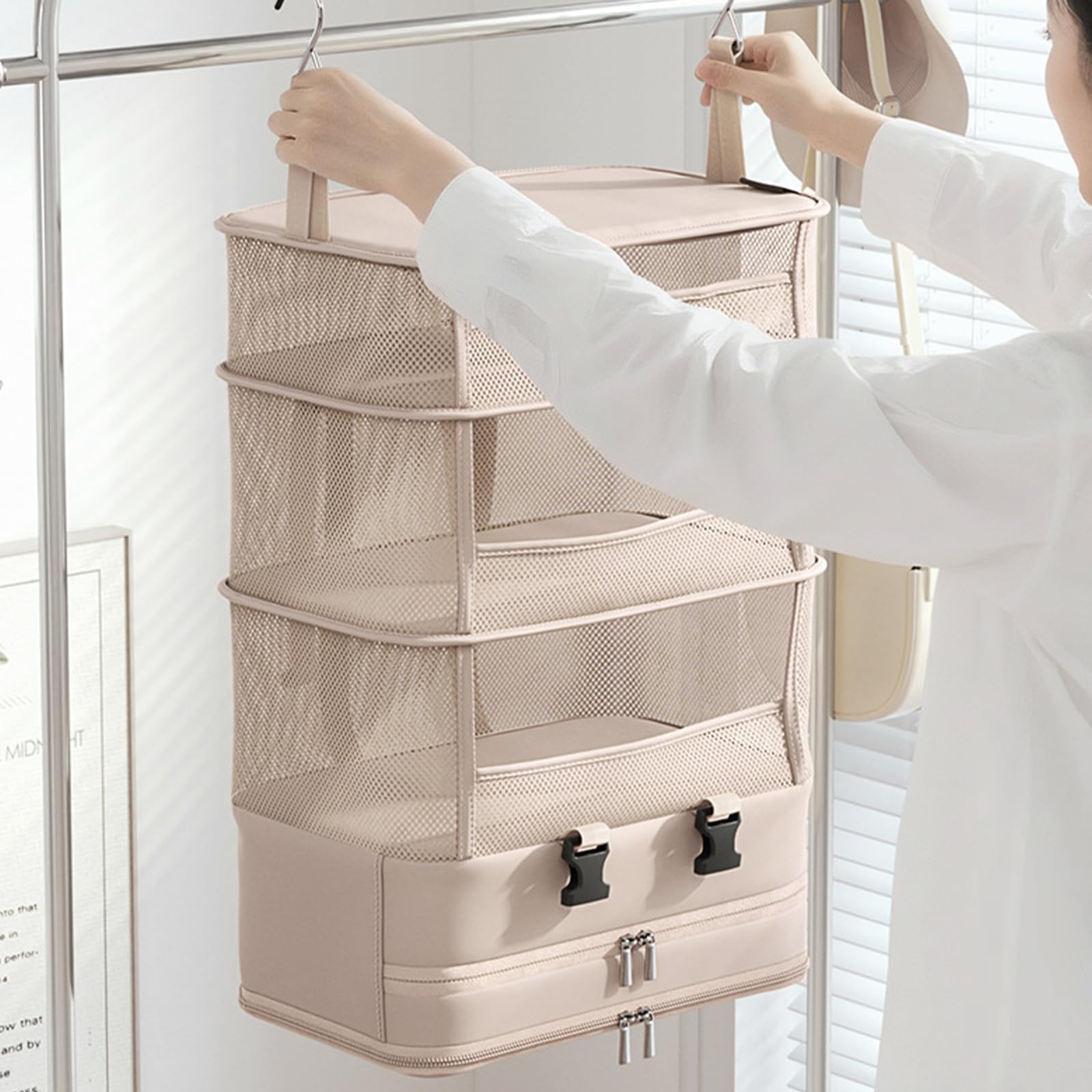 ACESOME Compression Koffer Organizer, 5 Schichten, Polyester, Beige-Pink, mit Haken und Reißverschluss, Camping Organizer Hängend, Faltbar Regal Handgepäck, Großes Fassungsvermögen