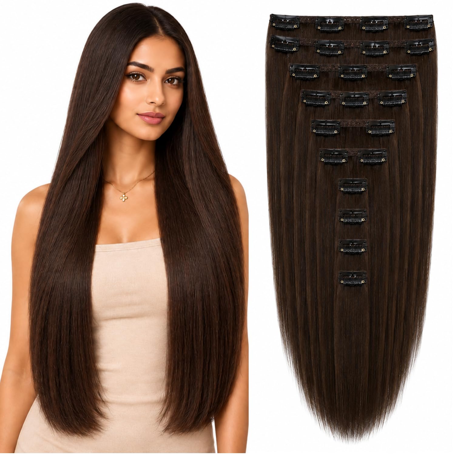 Paradise 10 Piece Straight ¾ Head Hair Extensions For Women Real Hair And Hair Extensions For Girls To Increase Instant Length And Volume (Dark Brown)-image-31