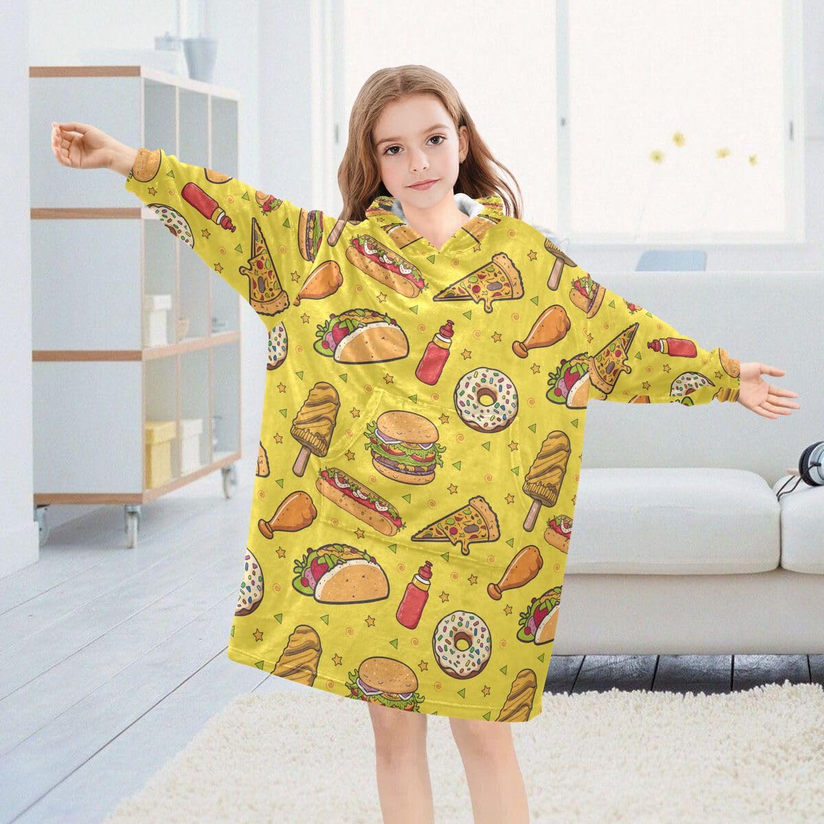 Fast Food Donut dziecięcy koc do noszenia z kapturem oversize bluza koc sweter żółty dla chłopców i dziewcząt w wieku 3-14 lat