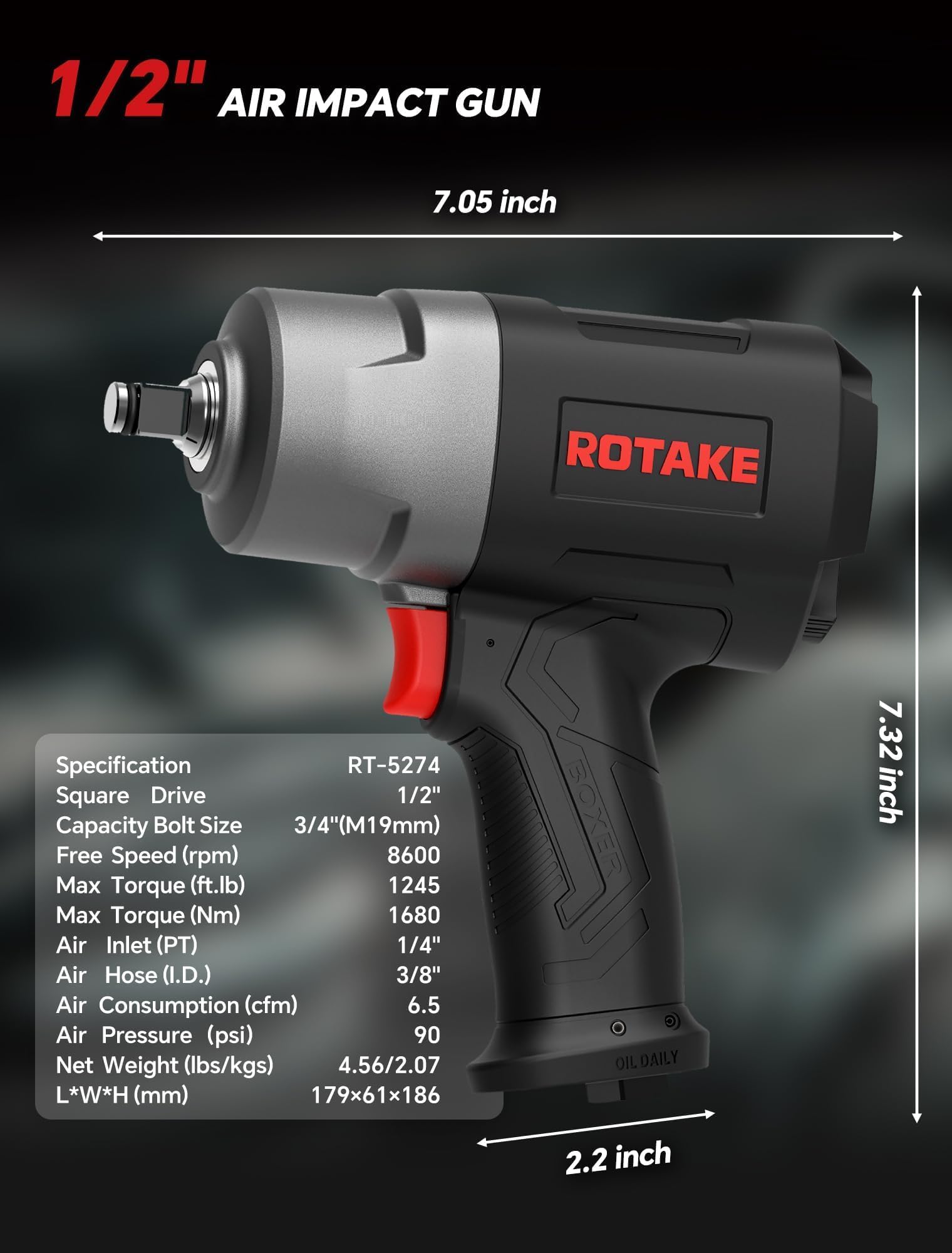ROTAKE RT-5274 Chiave pneumatica da 1/2 pollici, pistola pneumatica a percussione da 1245 Ft-Lbs, strumento meccanico a doppio martello ad alta velocità da 8600 giri/min per riparazione auto e cambio