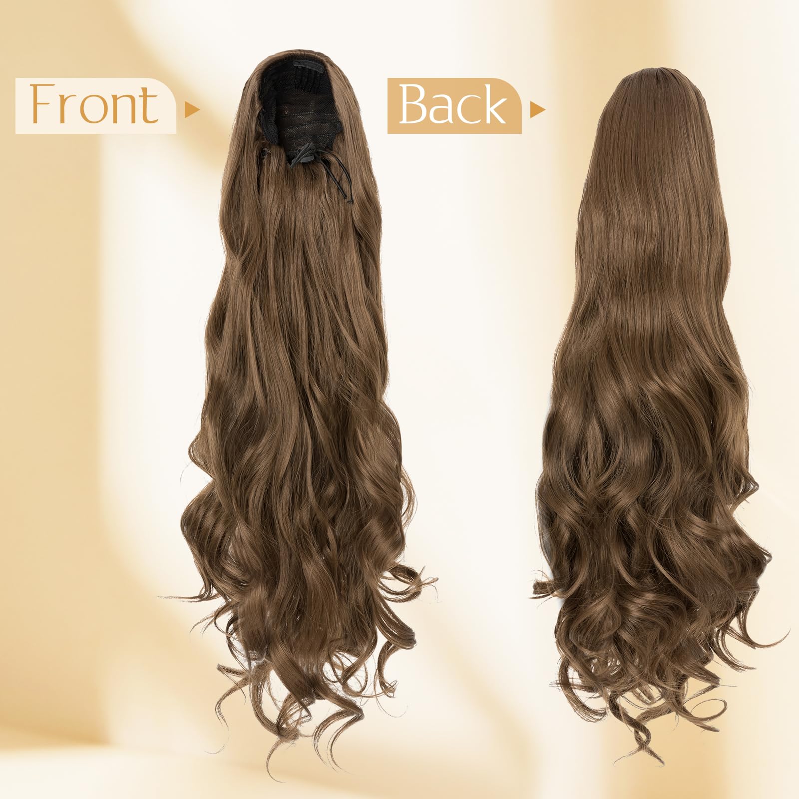 Benehair Ponytail Extensions 24 Inch Long Curly Wavy Drawstring Ponytail Synthetic Clip in Ponytail Hair Extensions Middle Brown Hairpieces for Women(Middle Brown - Image 2