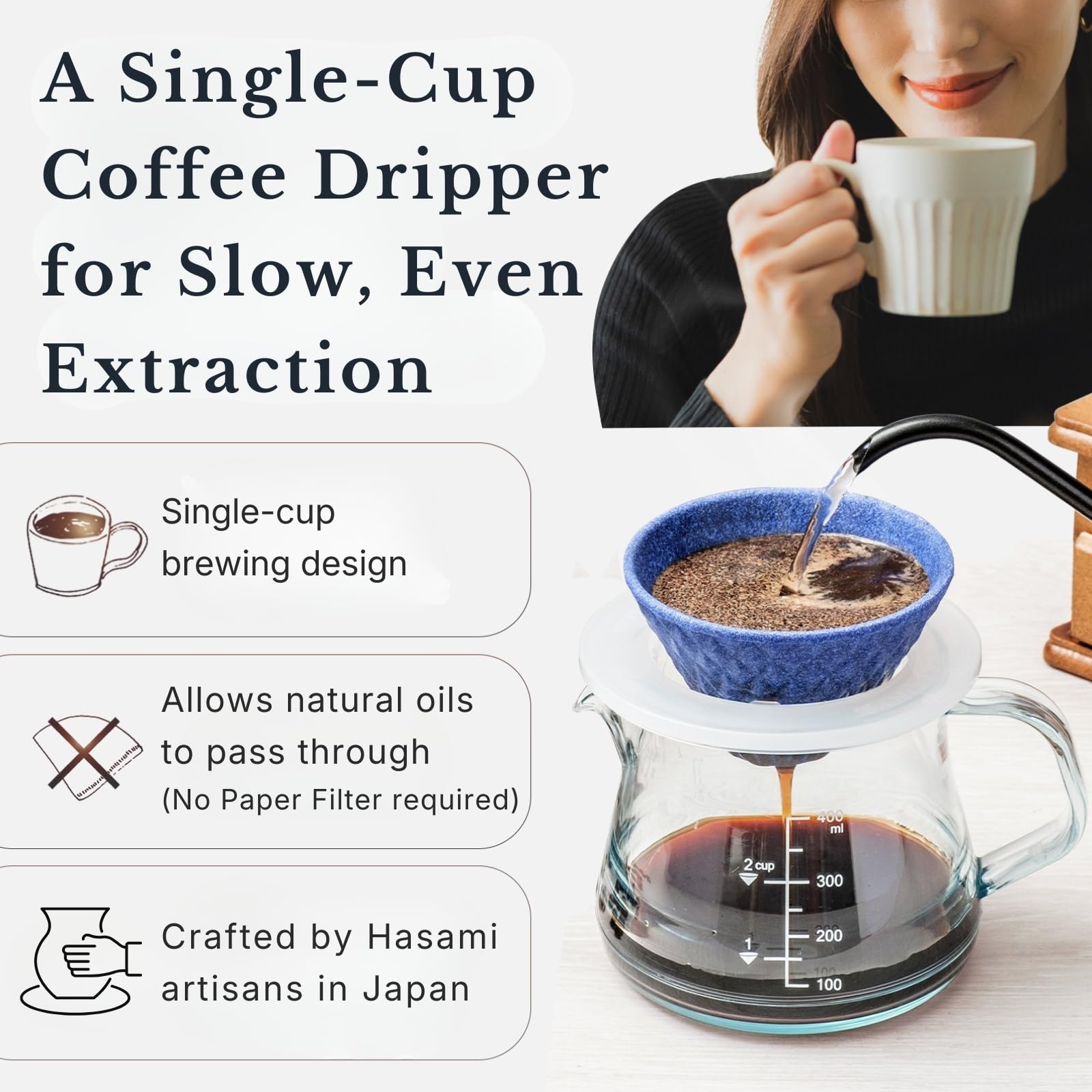 Wablade Filtro de café reutilizable de cerámica, 1-2 tazas, fabricado en Japón | Preparación sin papel, no necesita filtros de papel, incluye base dedicada y platillo para la preparación diaria del café