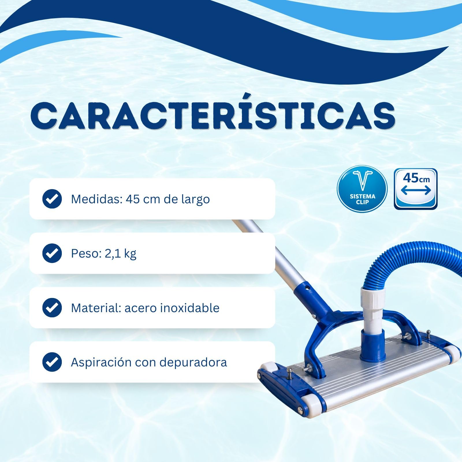 ONEPOOL Limpiafondos Piscina de Aluminio 45 cm | 4 Ruedas | Fijación Clip | Aspirador Manual para Piscinas | Cabezal Limpiafondos Compatible con Pértiga Universal y Conexión Skimmer