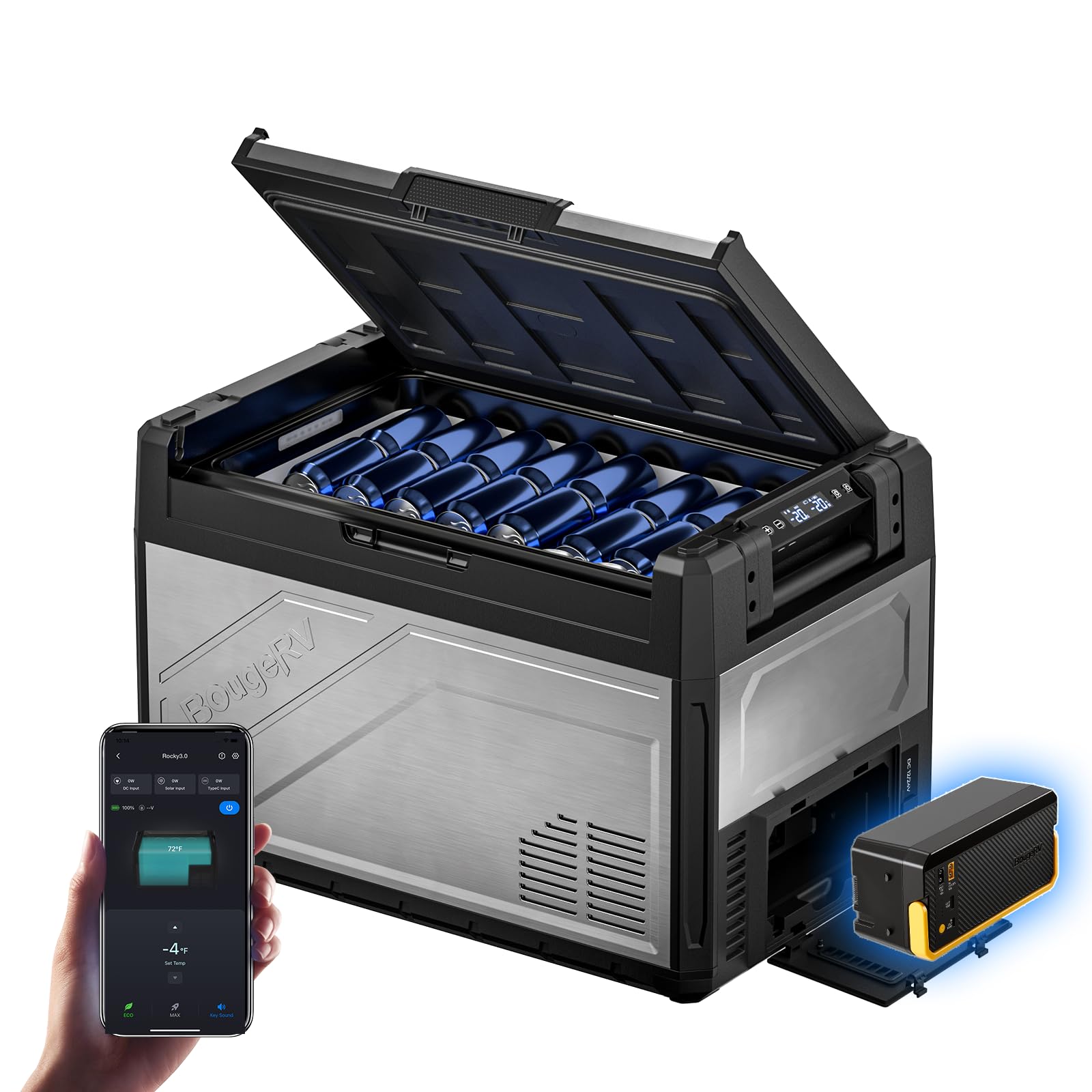 BougeRV Rocky V3.0 Doble Zona Nevera Coche 52L con Batería 240Wh, -20℃~20℃ | Compresor Portátil 12V 24V 230V Freezer App Metal IPX4 Frigorífico Coche Camping Viajes Barco Pesca