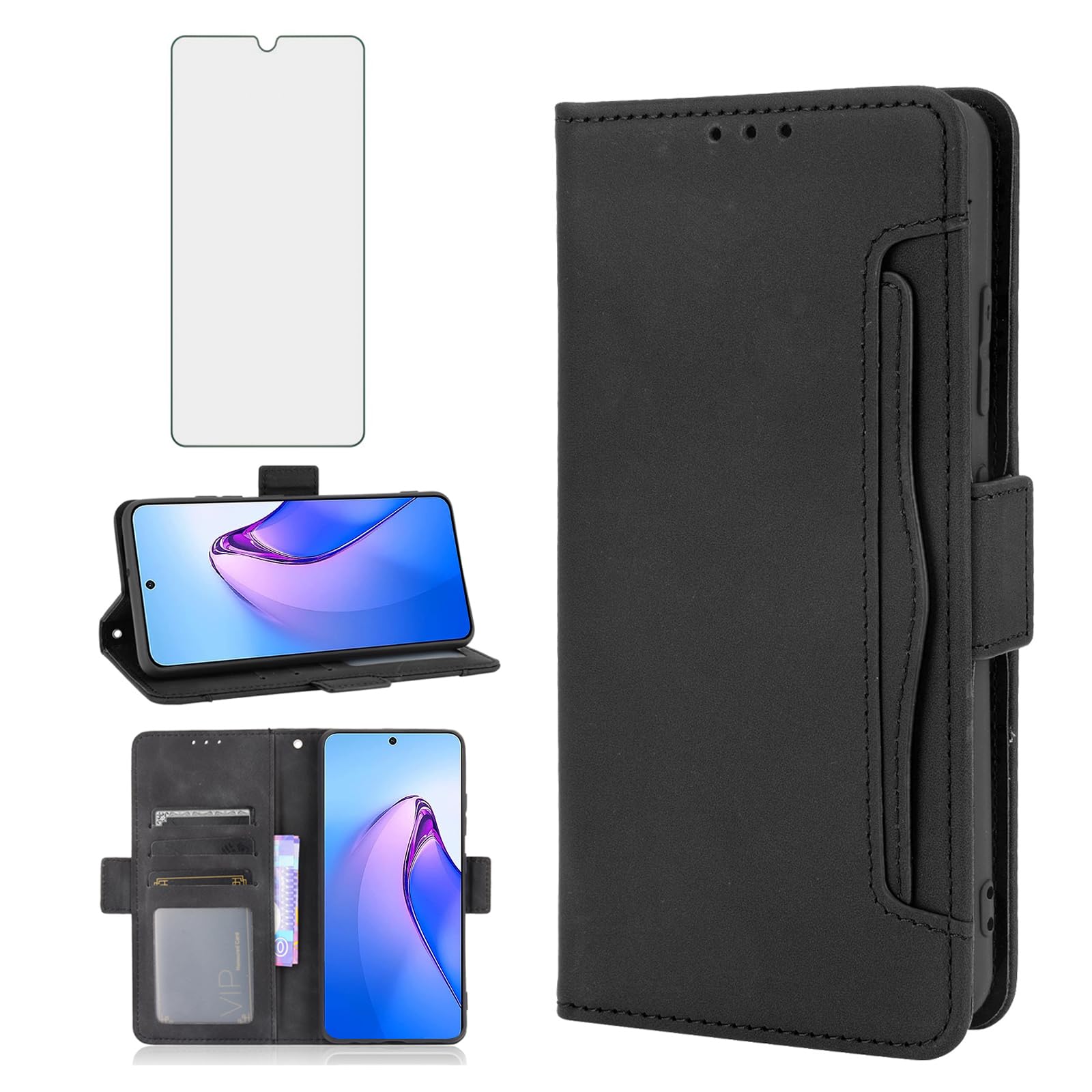 Cover Portafoglio Per OPPO Reno 8 Pro 5G Con Pellicola Vetro | Custodia In Pelle Con Porta Carte E Supporto | Nero