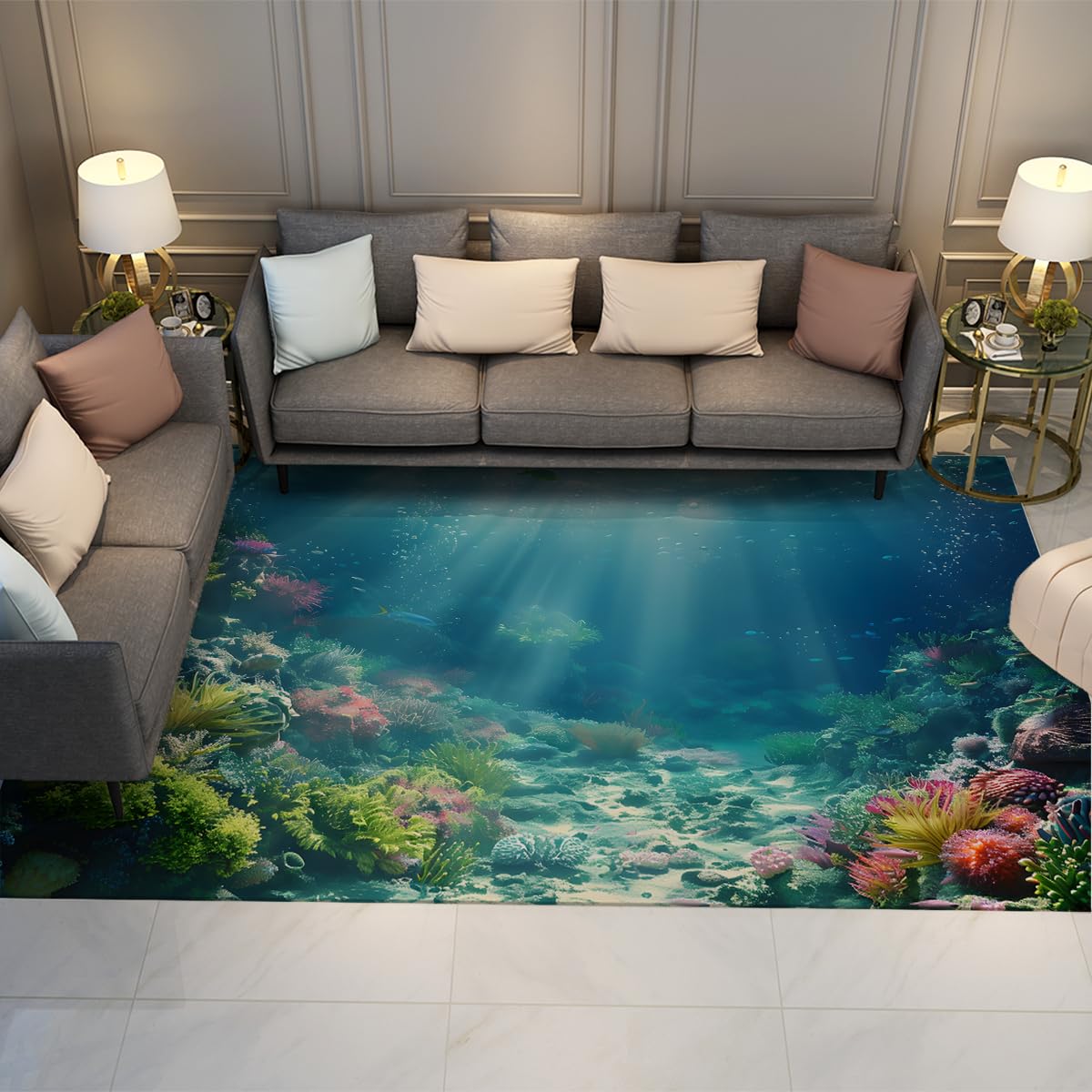 Tapis scène océanique 180x240cm bleu corail pour sublimer le salon familial