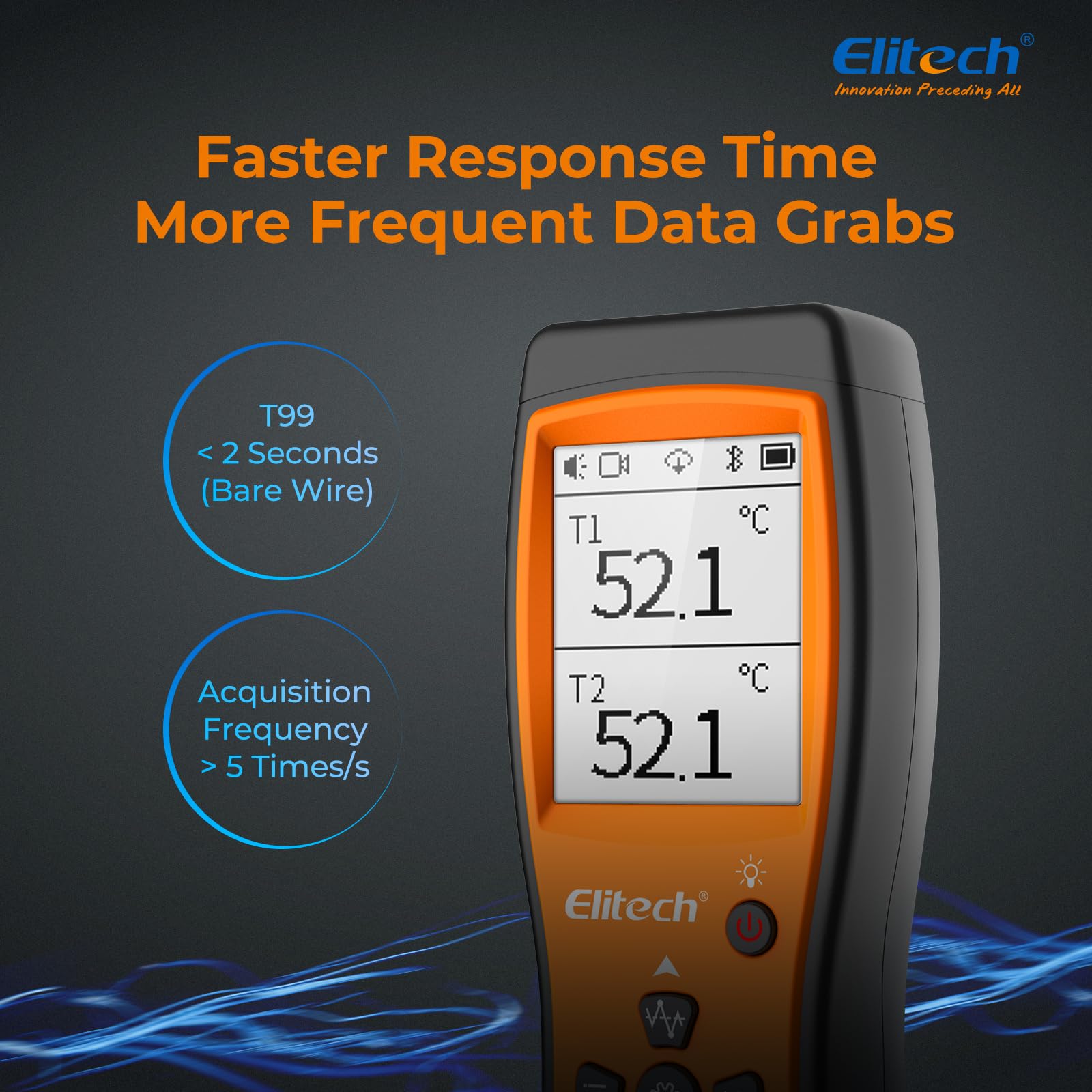 Elitech Termómetro digital de termopar tipo K/T/J/E de alta precisión, termómetro HVAC de doble canal con alarma, medidor de temperatura -200 °C a 1372 °C con aplicación, ICT-220S
