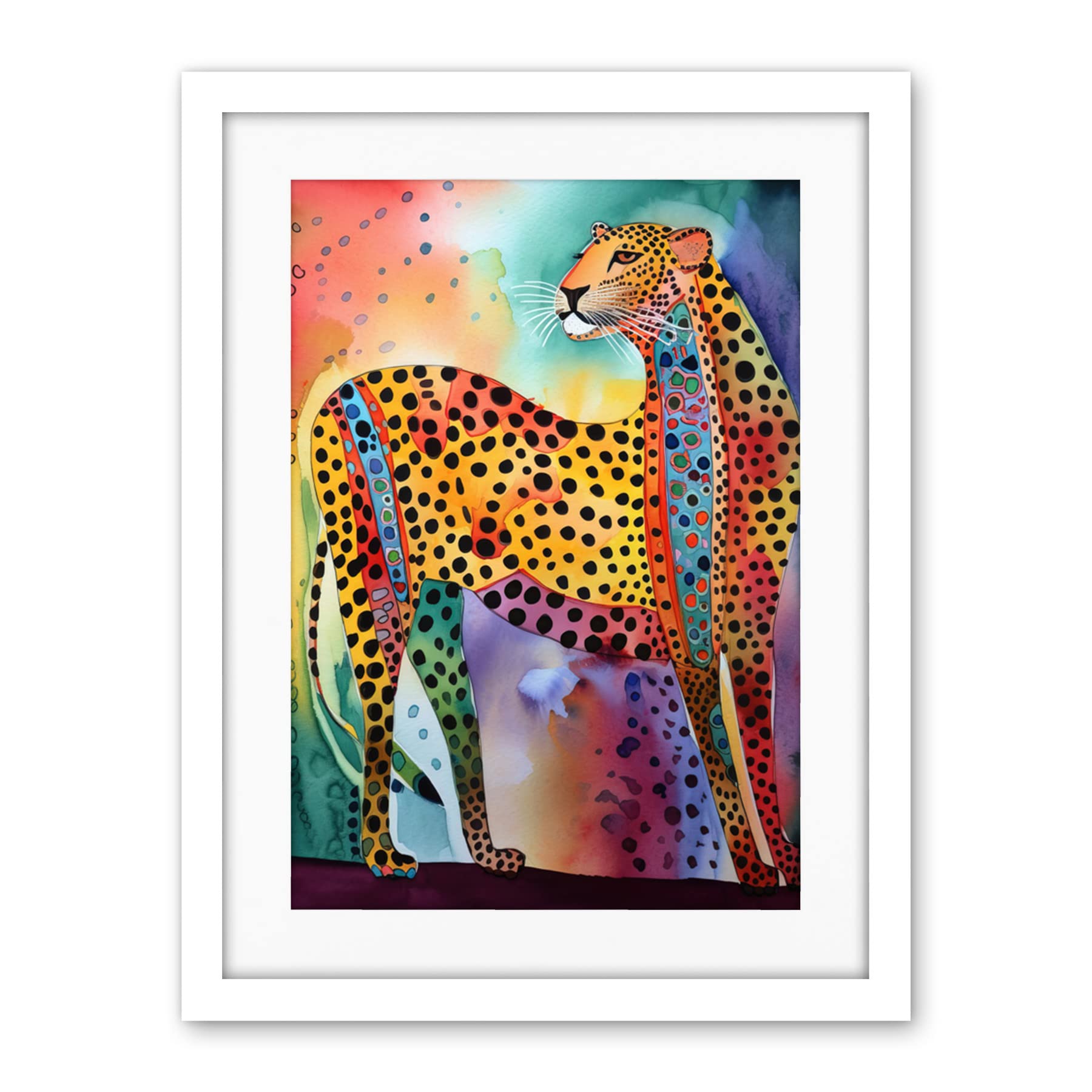 Artery8 Colourful Cheetah Folk Art Watercolour Painting Artwork Framed Wall Art Print 18X24 Inch