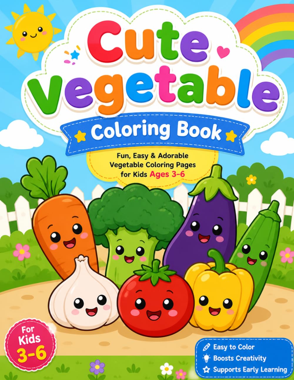 Cute Vegetable Coloring Book: Fun, Easy and Adorable Vegetable Coloring Pages for Kids Ages 3-6