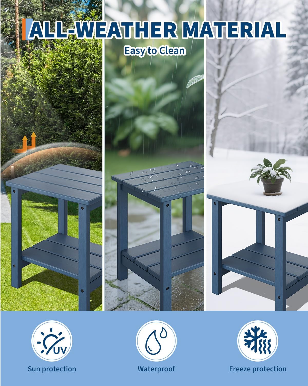 GarveeLife Adirondack Outdoor Side Table 18 x 15 in, HDPE 2-Tier Patio Side Tables for Outside, All-Weather End Table for Patio Pool Deck Indoor Backyard, Navy Blue-2Pcs