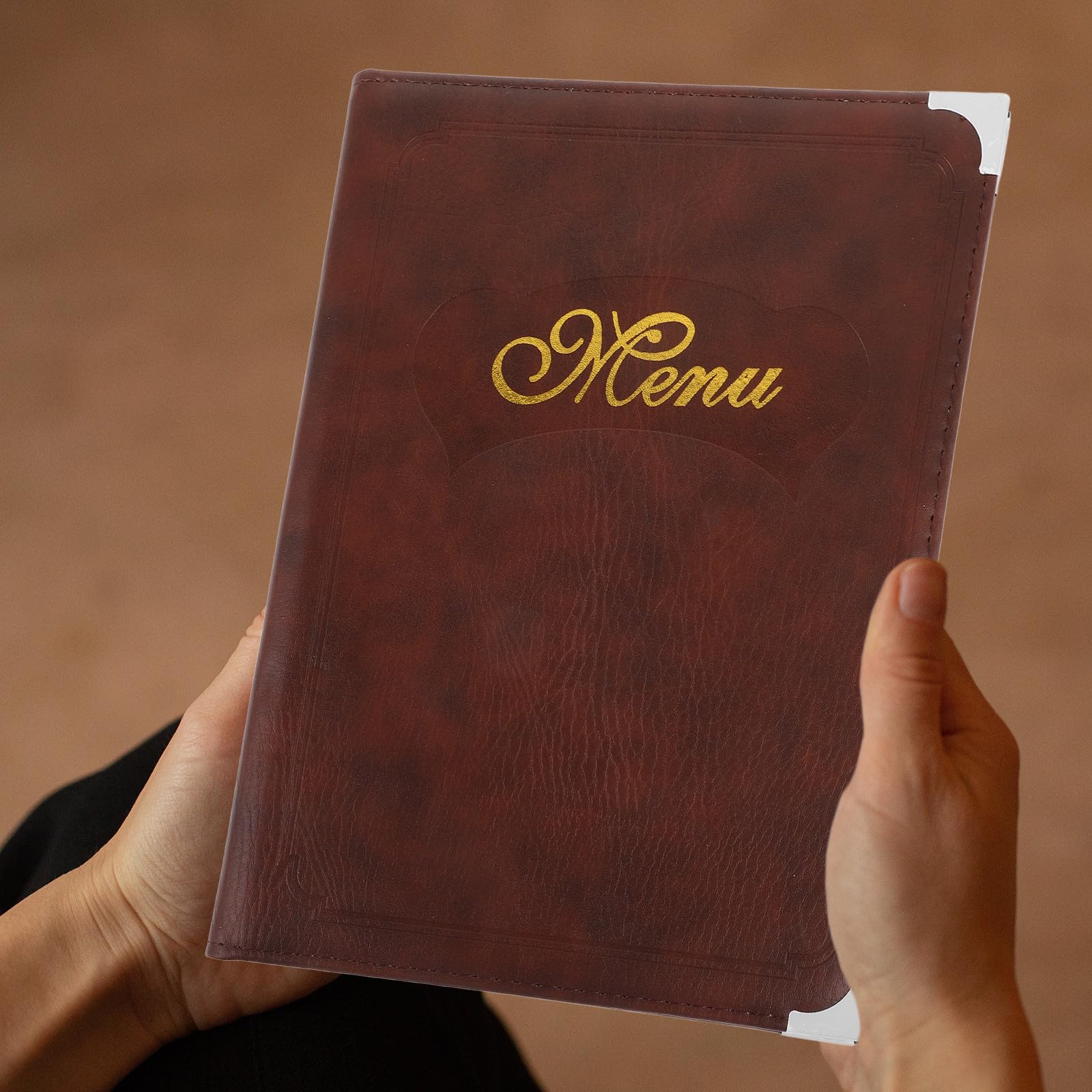 TOYANDONA Portamenús Multifuncional de A4 Cubierta de Cuero Artificial Color Café, Libro Práctico Hojas de Pvc Transparente, Carpeta para Menú de Restaurante y Hotel, Soporte Resistente
