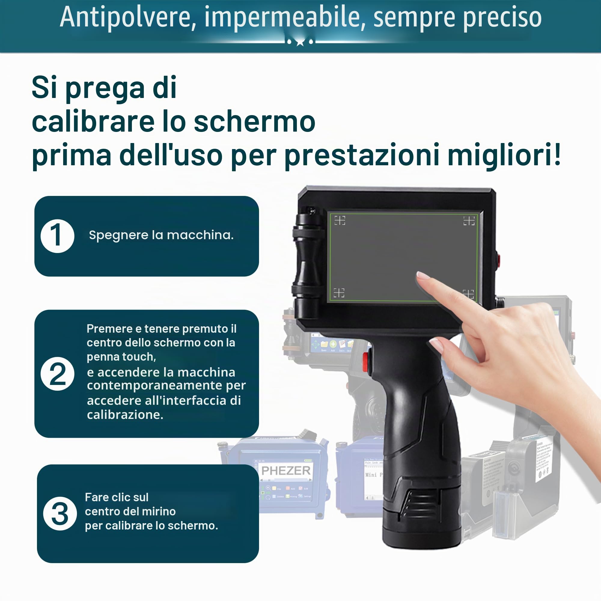 Phezer P15 stampante a getto d'inchiostro portatile per qualsiasi superficie. Ugello 0,5" per stampa QR, codice a barre, lotto, logo su vetro, plastica, cartone. Supporta 25 lingue.