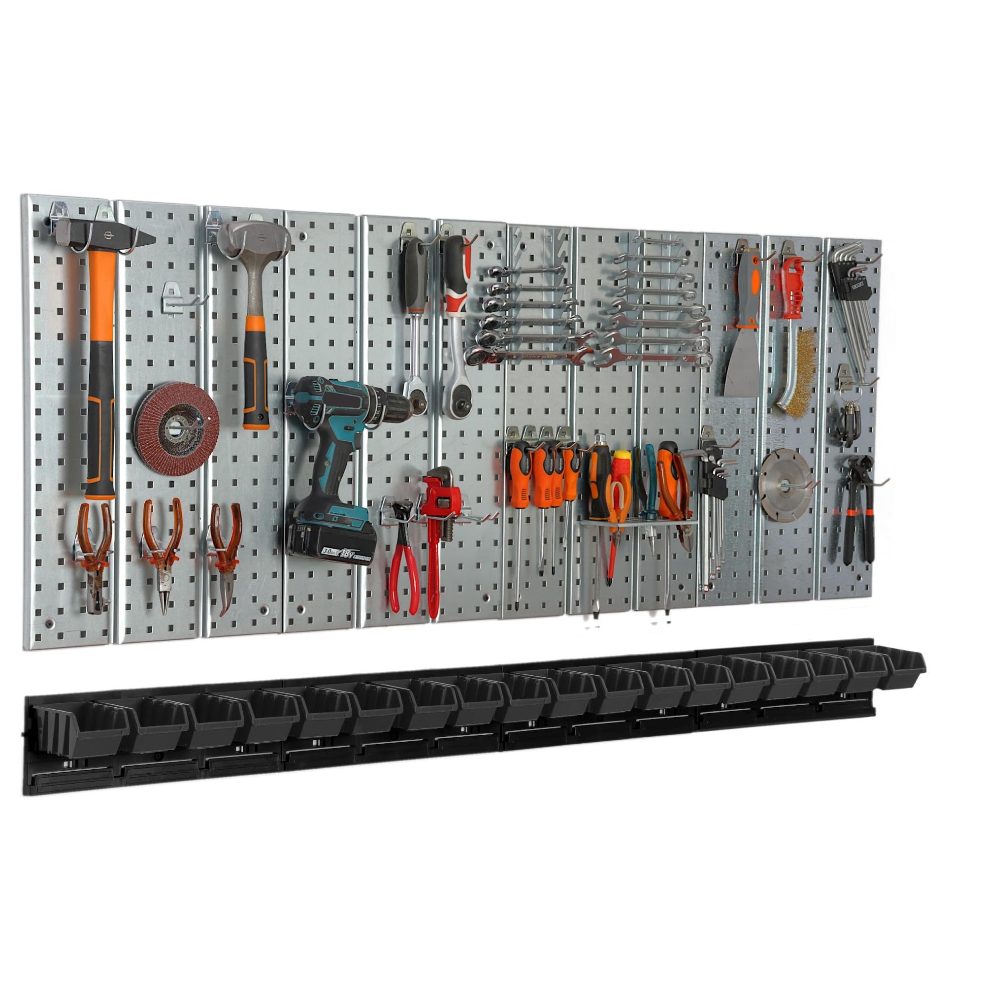 Metalowa ścianka narzędziowa 156 x 72 cm, system przechowywania z uchwytami na narzędzia, hakami narzędziowymi i 18 pudełkami do układania w stos 80 x 115 x 60 mm, kolor: czarny, deska perforowana do