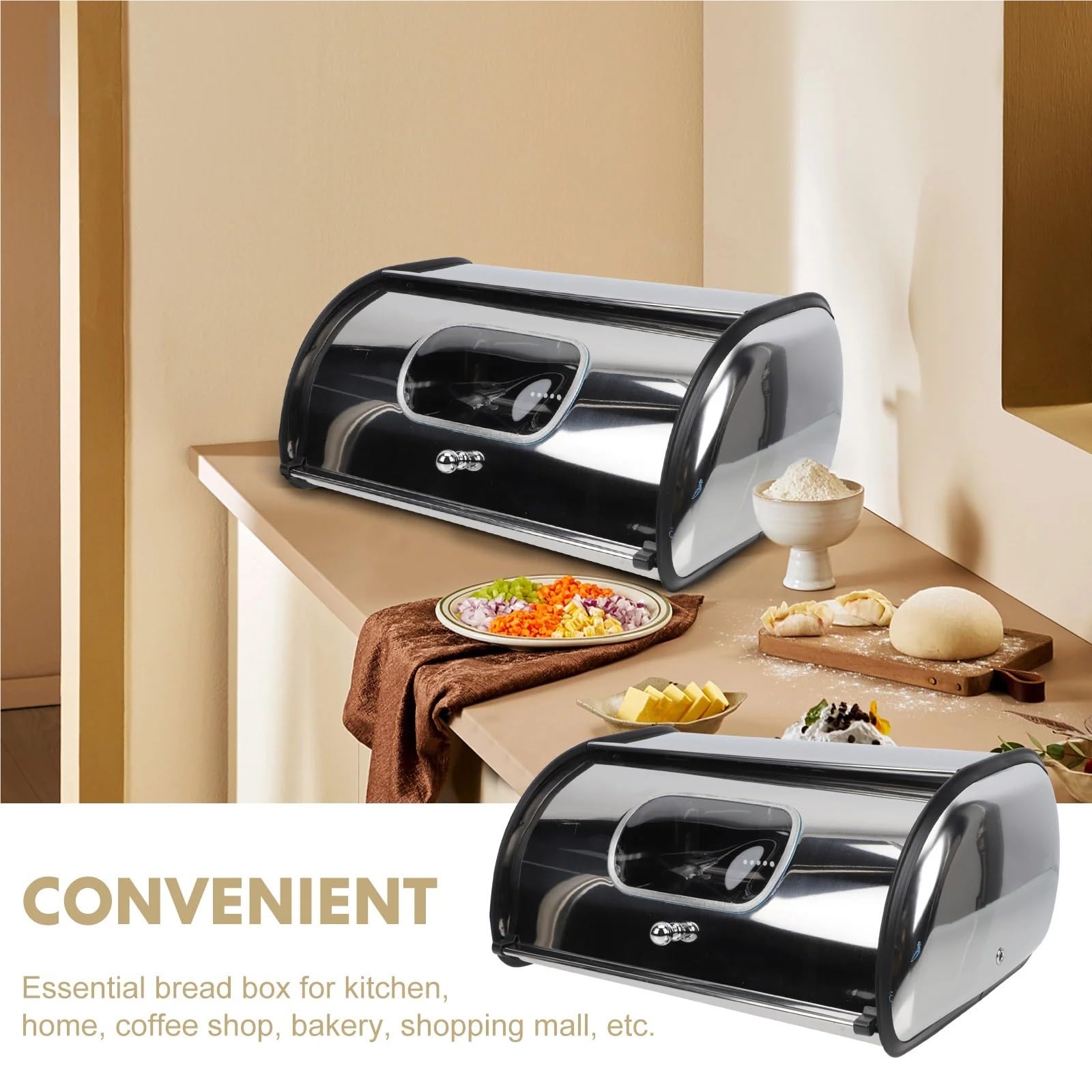 Panera Caja de pan, contenedor cocina, soporte almacenamiento, rollo encimera inoxidable, Metal, tapa acero, función organizadora grande