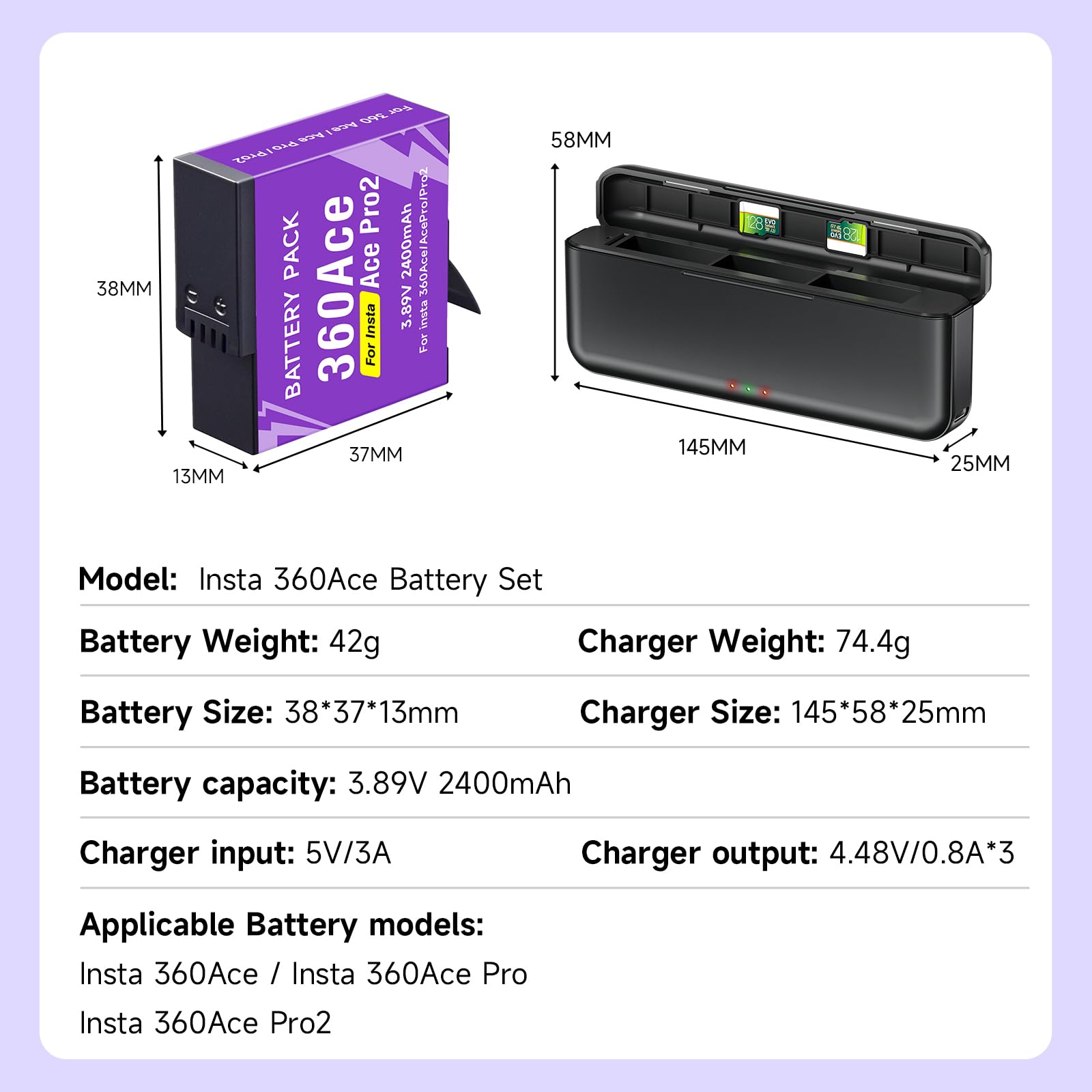 CITYORK Cargador de 3 ranuras y 2 baterías de 2400 mAh Compatible con Insta360 Ace/Ace Pro/Ace Pro 2, Batería de repuesto para Insta360 Ace/Ace Pro Kit de cargador de batería Accesorios con pantalla