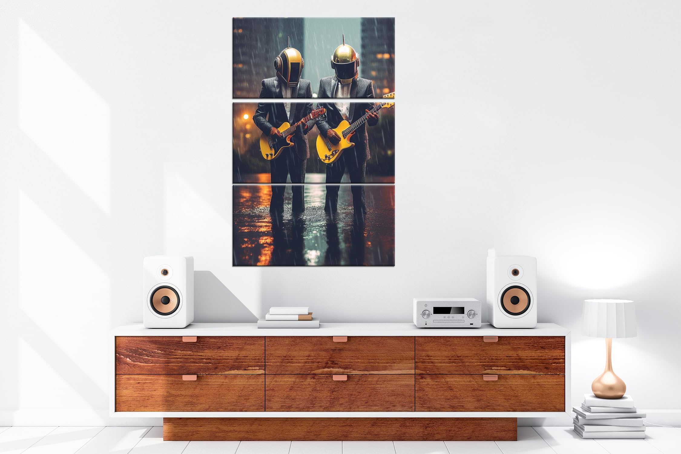 deyoli Musicisti futuristici: eleganza ed elettronica sotto la pioggia. Dimensioni: 120 x 80 cm (3 pezzi) Stampa artistica XXL su cornice in legno/pittura su tela/pittura da parete/decorazione del