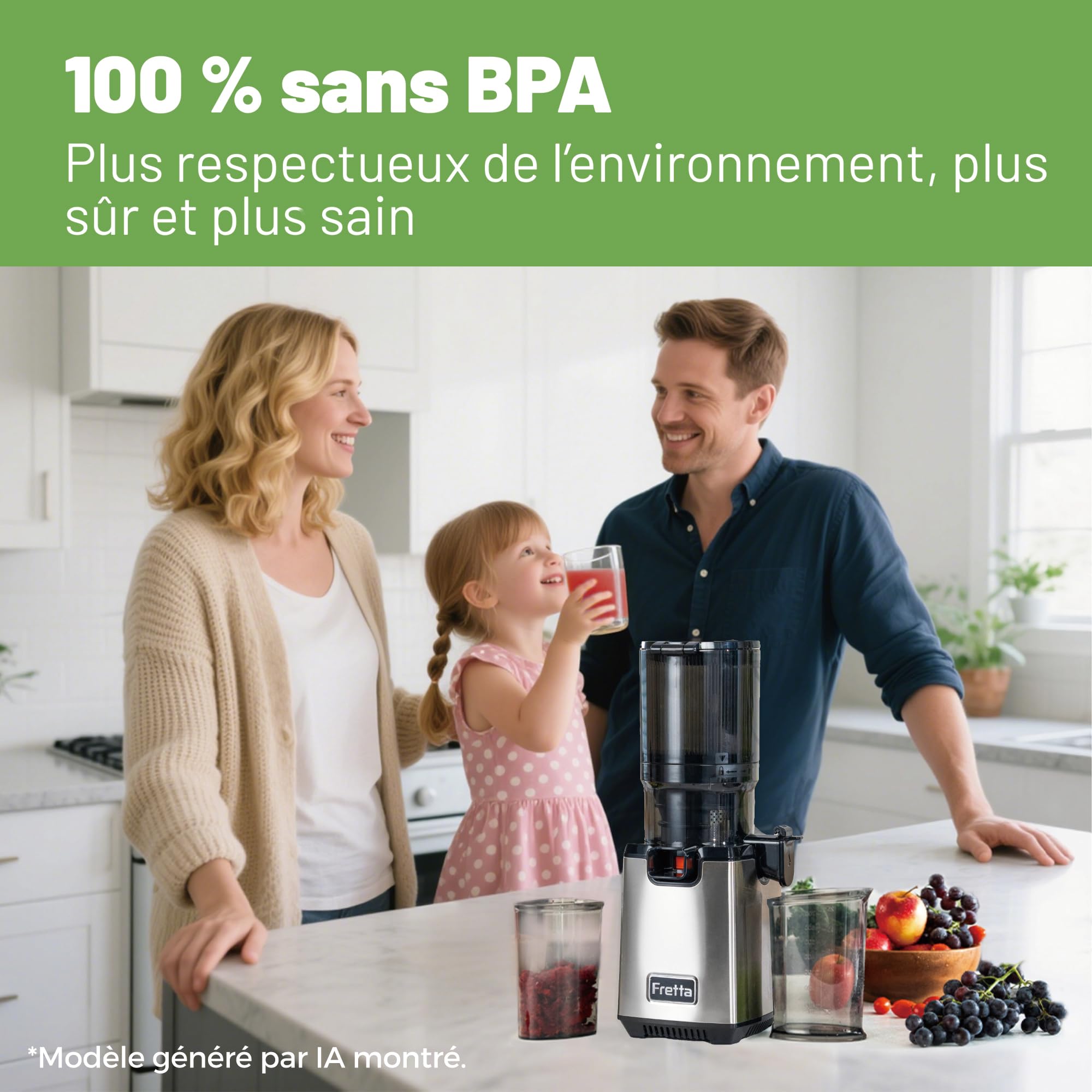 Fretta Extracteur de Jus à Mastication Lente 250W, Grande Goulotte 135mm, Sans BPA, Argenté
