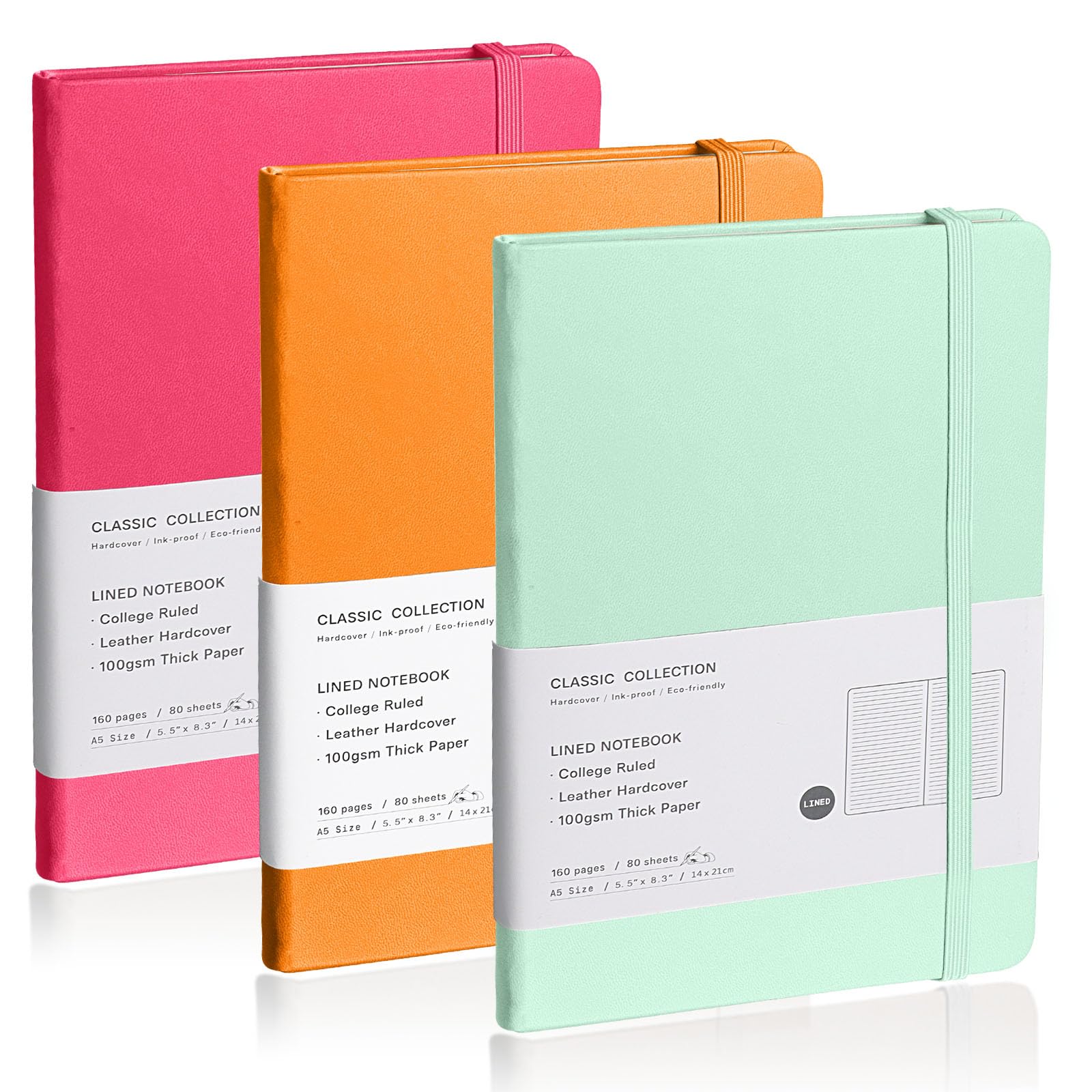 EMOMAS Lined Journal Notebook, 3Pack(1Orange-1Eggshell Green-1Rose Red), 160 Pages, Medium 5.7 inches x 8 inches - 100 gsm Thick Paper, Hardcover