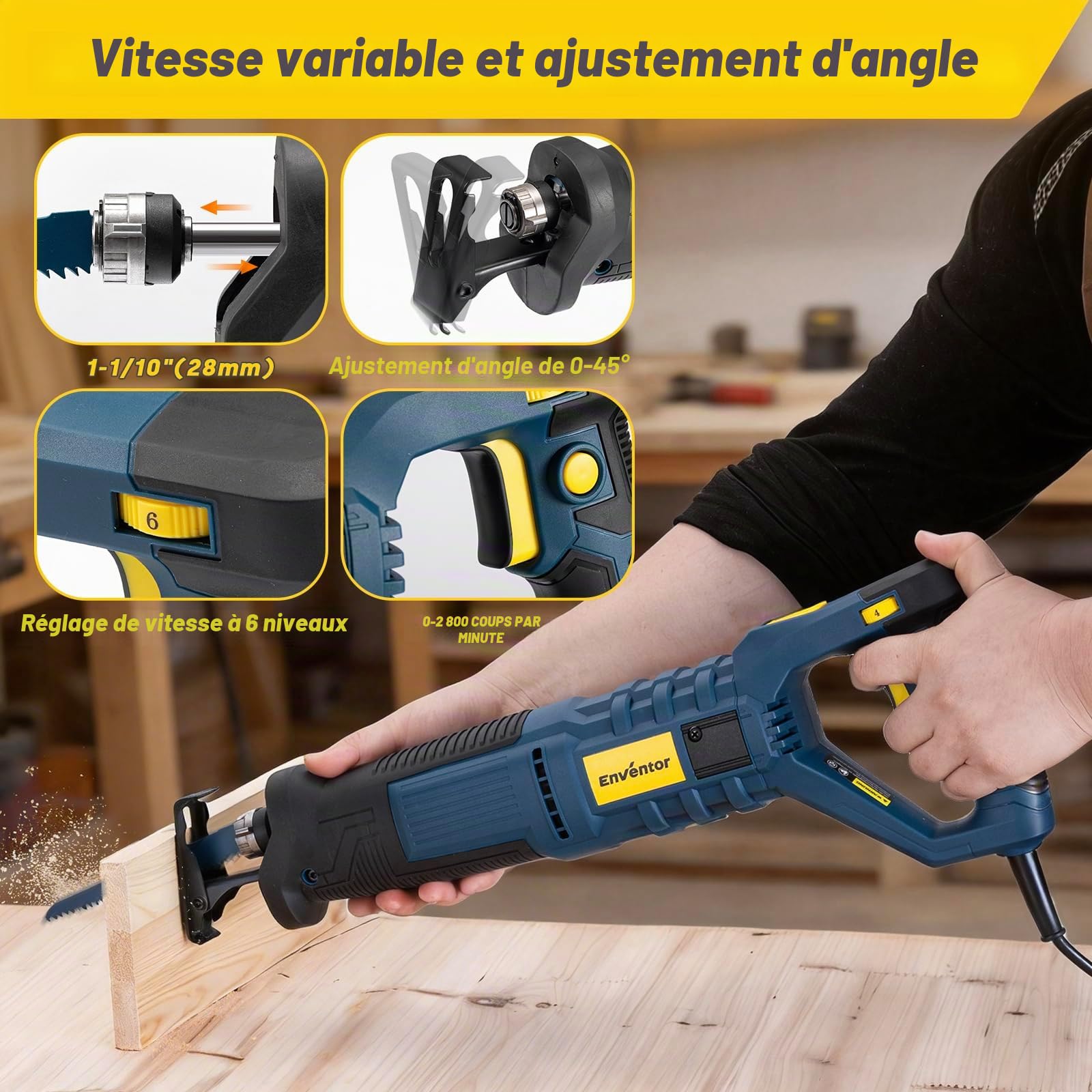 Enventor Scie Sabre 850W, 6 Lames, 2800 SPM Vitesse Variable, Course de 28mm, Changement de Lame sans Outil, Poignée Rotative à 180°, pour Bois, Métal, PVC et Élagage