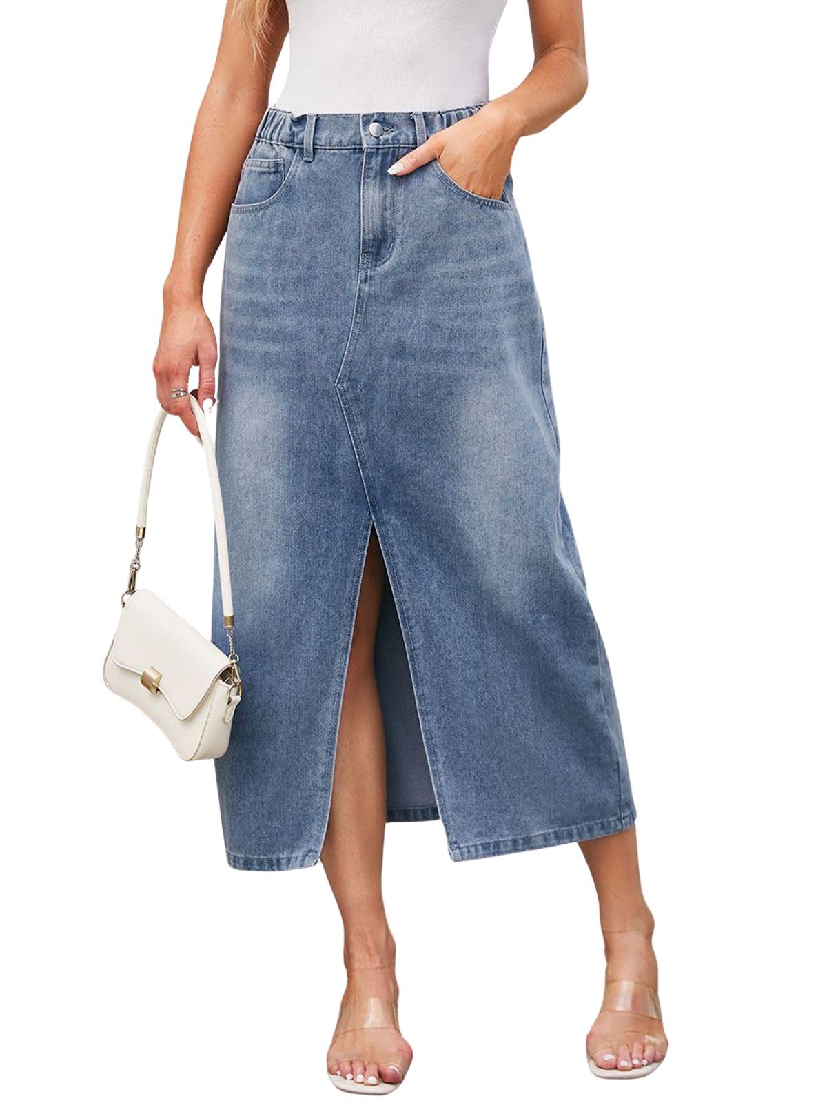 ebossy Womens Elastic High Waist Cutout Denim Midi Skirts Casual Washed Slit Jean Pencil Skirt with Pockets