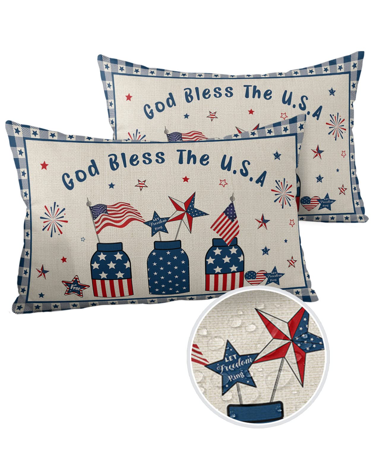 Outdoor Pillows Waterproof Pillow Covers Set of 2 July 4th Stars American Flag Polyester Throw Pillow Covers Garden Cushion Case for Patio Funiture Sofa Decoration 20x12inch Memorial Day Stars