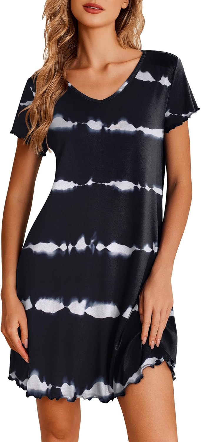 Ekouaer Nightgowns for Women Short Sleeve Sleepshirt V Neck Short Nightshirt Pullover Soft Ruffled Sleepwear S-XXXL