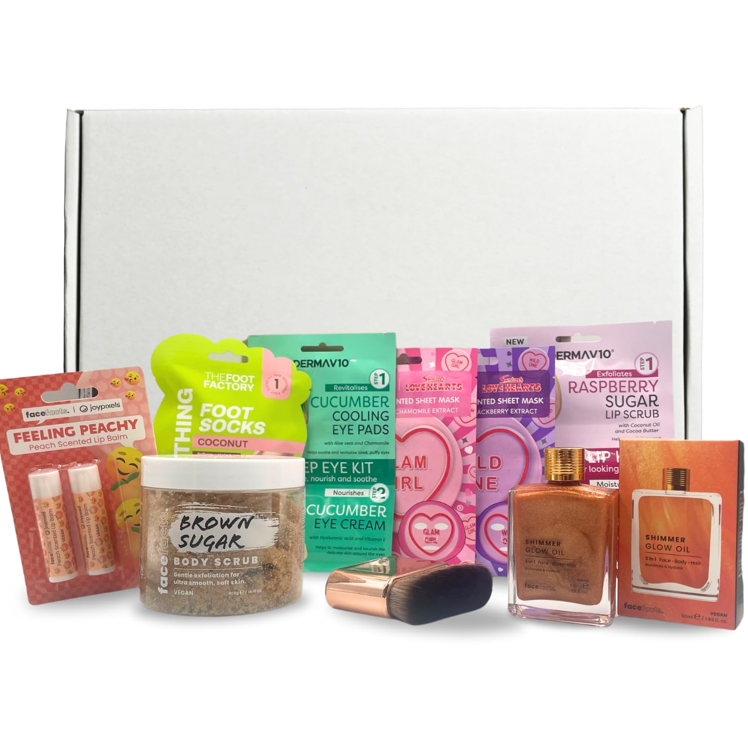 Shimmer Beauty Bundle - Glow Oil with Brush, Facial Sheet Masks, Lip Care & Radiant Hair Face Body Essentials Set, Gift Box Included