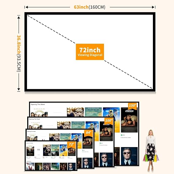 Projector Screen 72 inch, Movie Projector Screen 16:9 HD Foldable and Portable Anti-Crease Indoor Outdoor Projection Double Sided Video Projector Screen for Home, Party, Office, Classroom