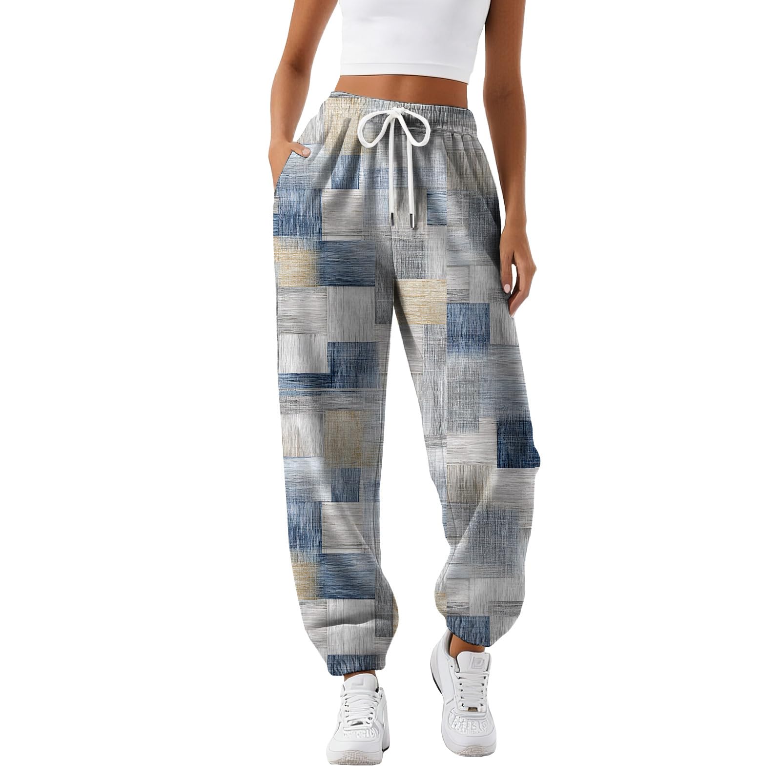 Womens Plaid Pants Casual Fashion Graphic Sweatpants Elastic High Waist Drawstring Joggers Fall Spring Winter Pant