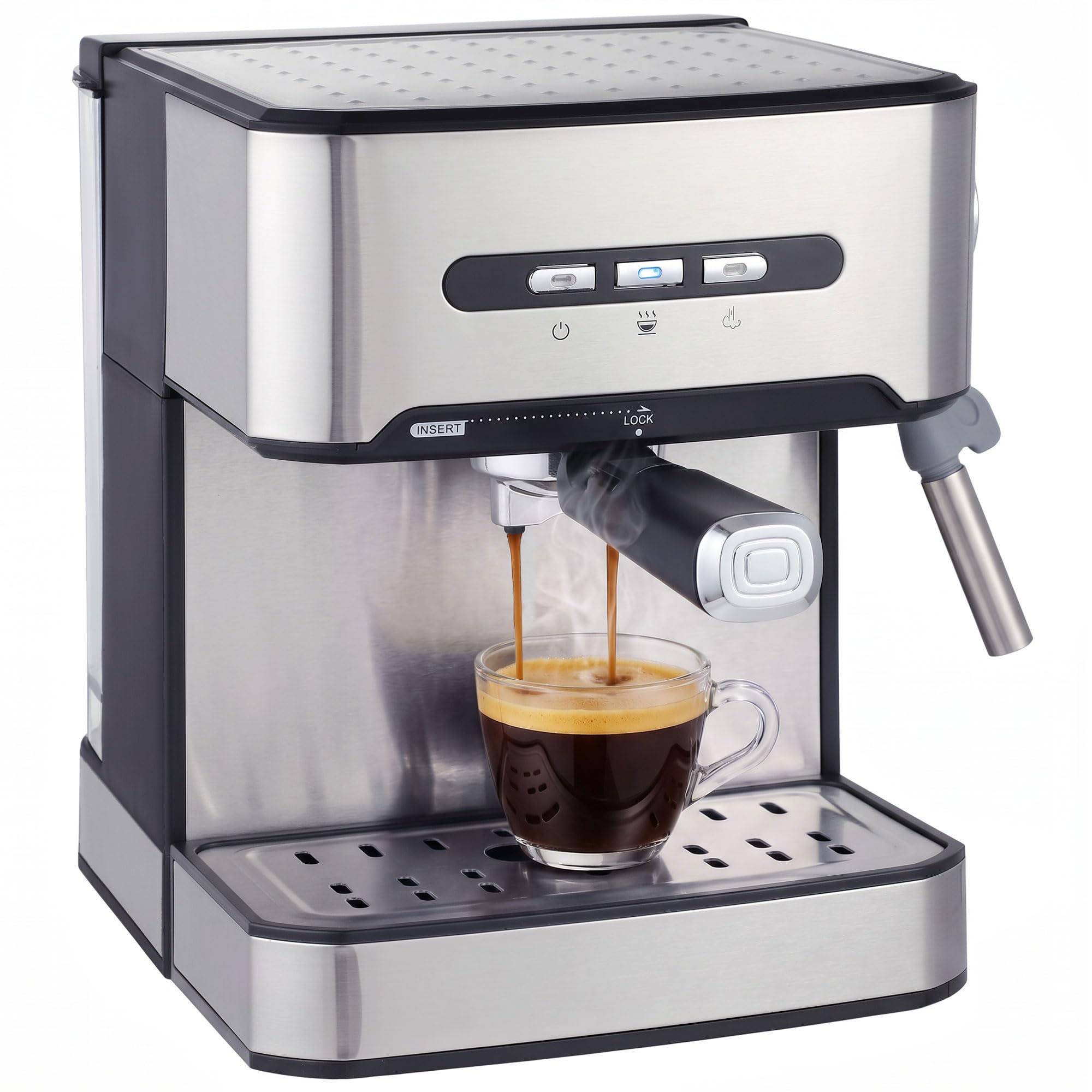 HOMCOM Espresso Machine with Milk Frother Wand 20 Bar Black and Silver | 1.6 L Water Tank, 850W Semi Automatic Coffee Machine, Latte and Cappuccino Maker, Double Shot, Hot Water, Cup Warming