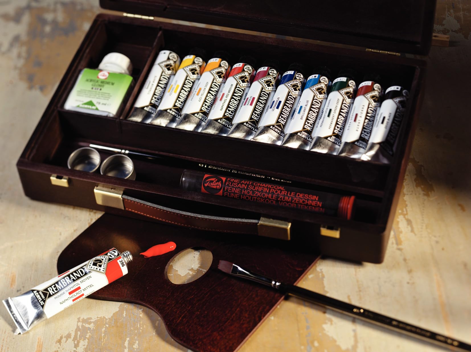 Rembrandt Estuche de pintura acrílica profesional caja de madera de lujo Tradicional | 10 tubos (40 ml) + pinceles y accesorios
