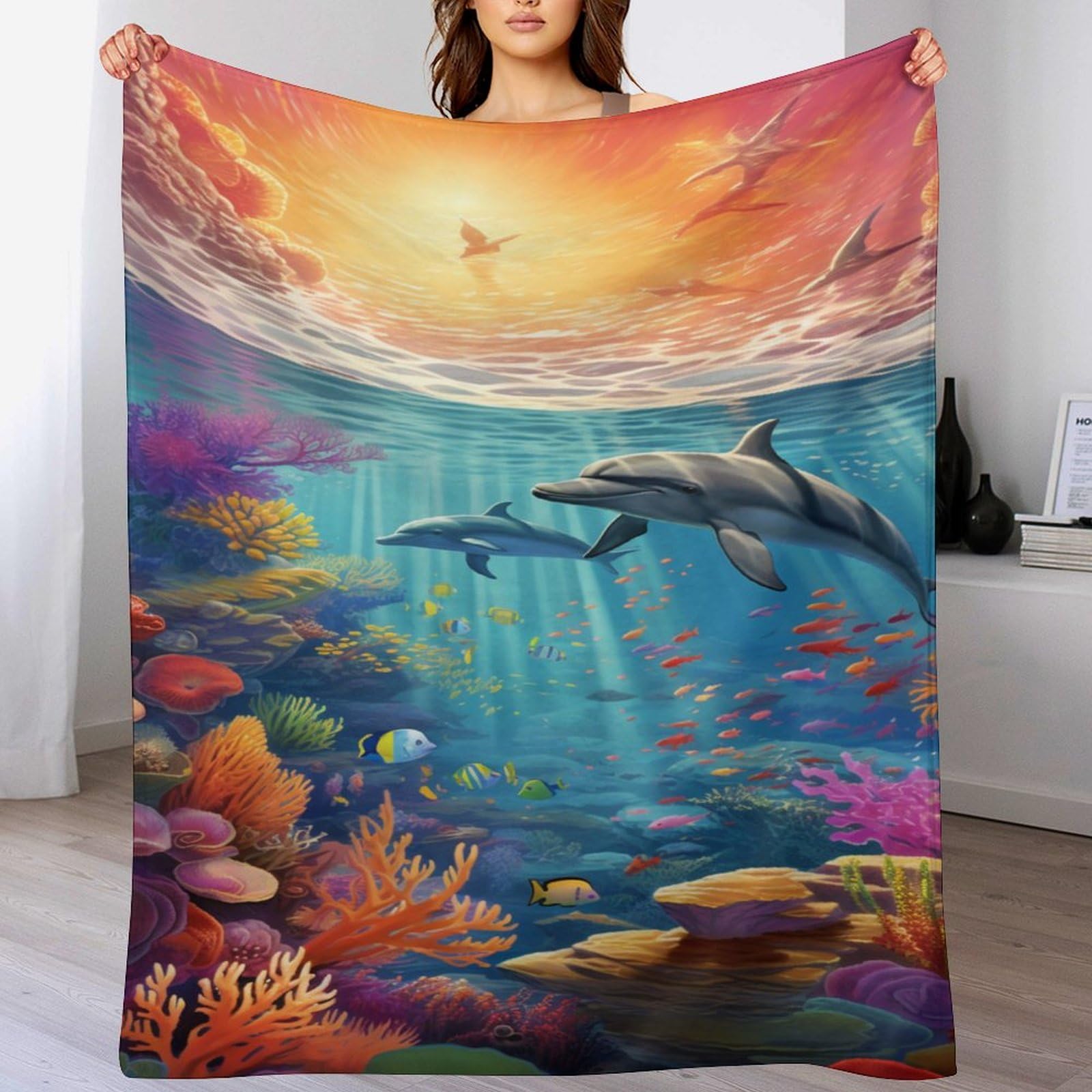 Couverture polaire flannel Seabed banc de poissons tapis douillet jet de lit chaud 150x200cm