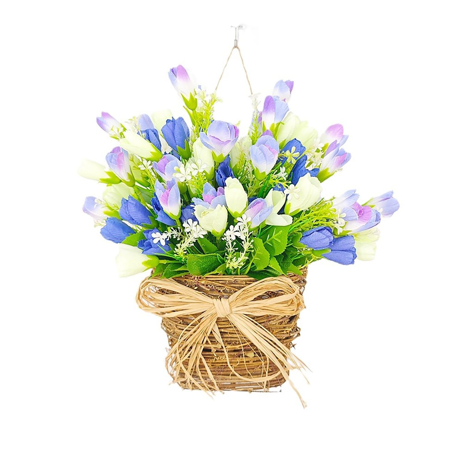 bayicie Spring Tulip Door Hanger Basket Wreath for Front Door Artificial Tulip Hanging Floral Wreath with Woven Basket