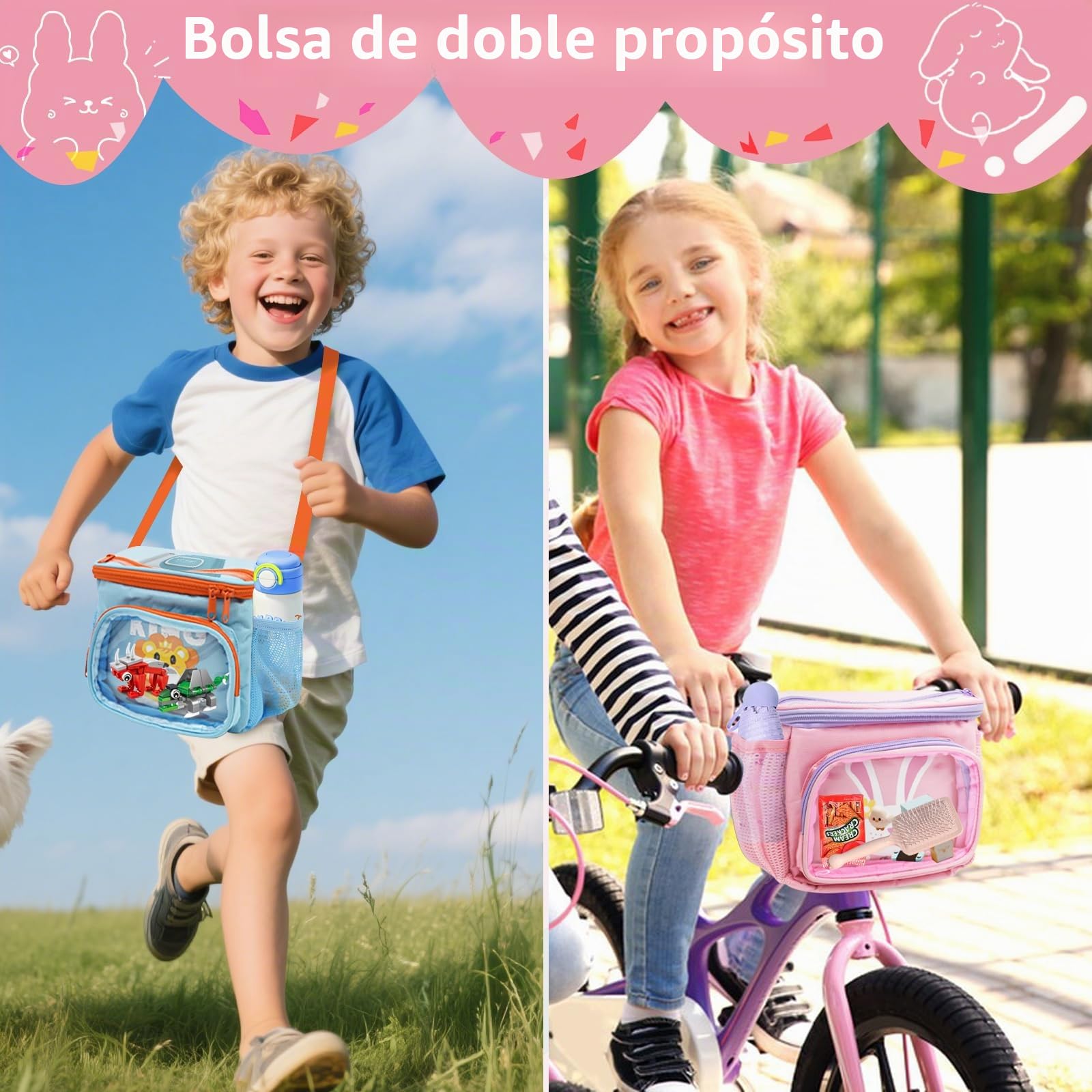 Cyiecw Bolsa de manillar para niños con correa para el hombro, cesta delantera para niños y niñas, resistente al agua, accesorios de bicicleta para bicicleta, triciclo, scooter, scooter